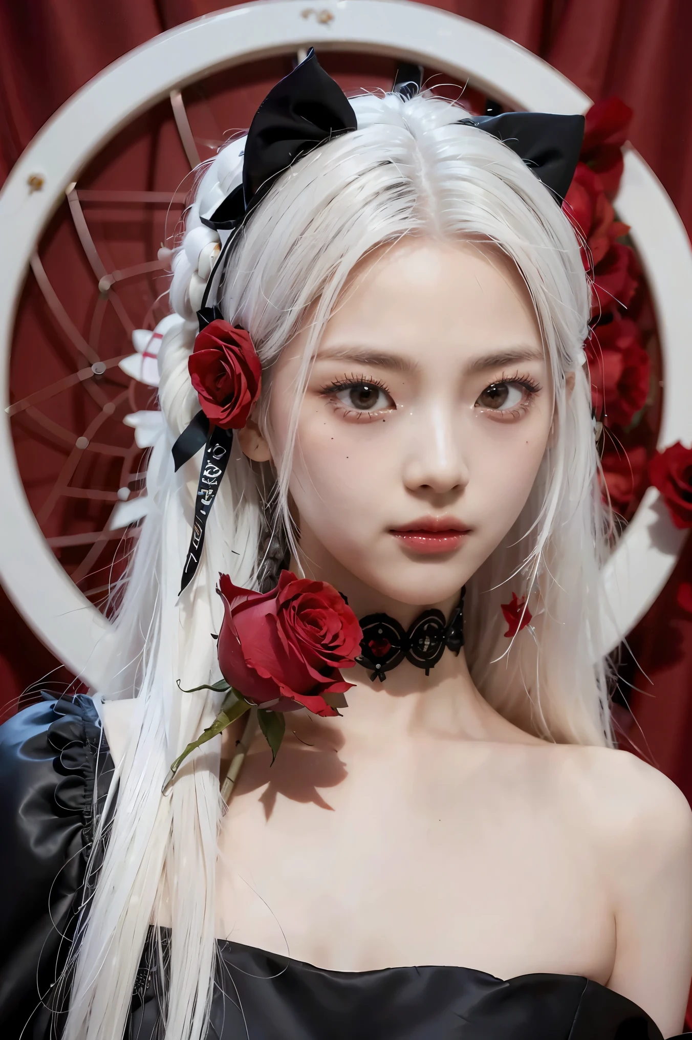 (best quality, masterpiece), (1girl, solo, black dress, standing , looking at viewer, white hair, red eyes, holding rose, closed mouth, upper body), (red dreamcatcher behind, red flower, )