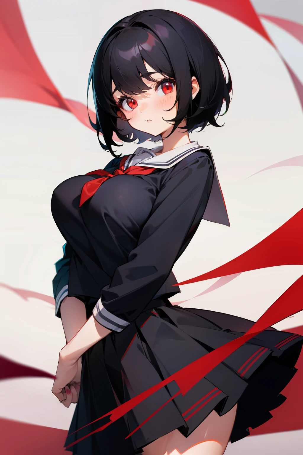 masterpiece, best quality, girl, short hair, black hair, bangs, hair ribbon, expressionless, black eyes, medium breasts, school uniform, black kneehighs, uwabaki,