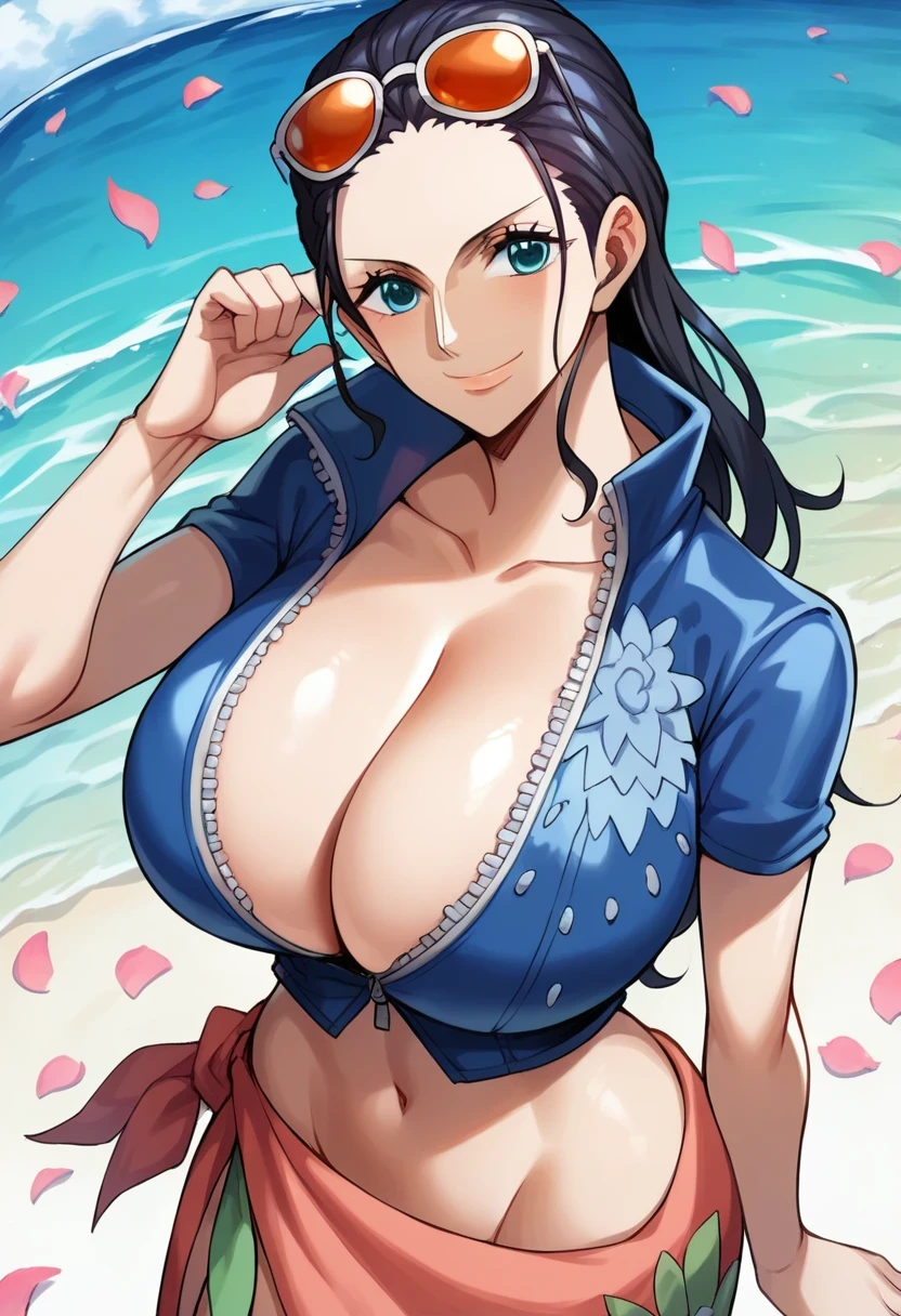 score_9, score_8_up, score_7_up, score_9, source_anime, BREAK  NicorobinSDXL, 1girl, solo, long hair, Gigantic breasts, looking at viewer, smile, blue eyes, large breasts, black hair, navel, cleavage, closed mouth, standing, collarbone, blue jacket, short sleeves, cowboy shot, midriff, shiny, signature, stomach, crop top, petals, eyewear on head, zipper, cropped jacket,  sarong, zipper pull tab, tinted eyewear, hair slicked back, collared jacket, partially unzipped, nico robin, from above,