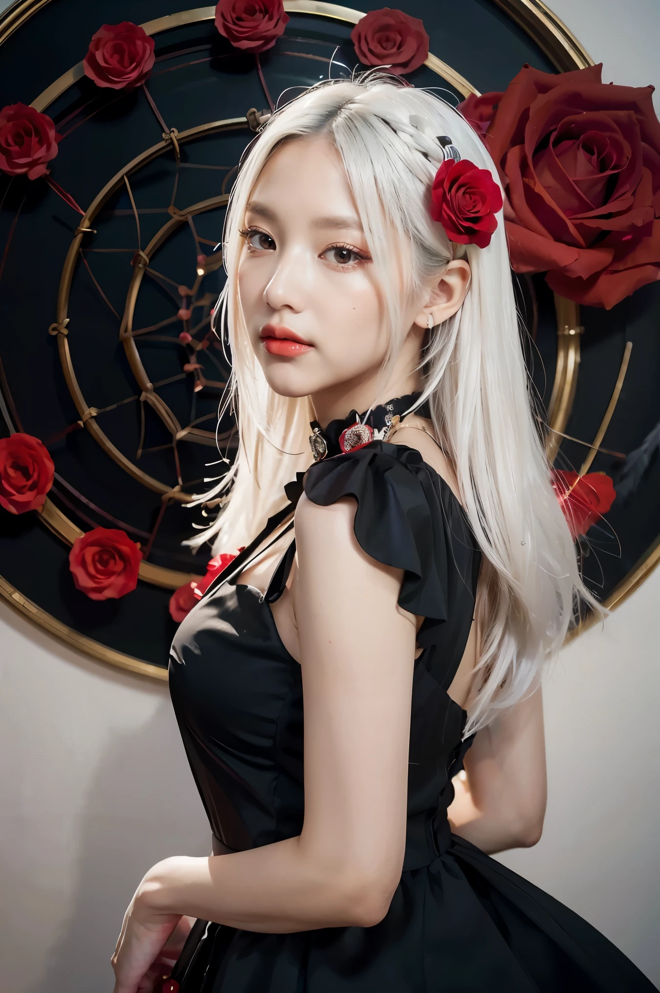 (best quality, masterpiece), (1girl, solo, black dress, standing , looking at viewer, white hair, red eyes, holding rose, closed mouth, upper body), (red dreamcatcher behind, red flower, )