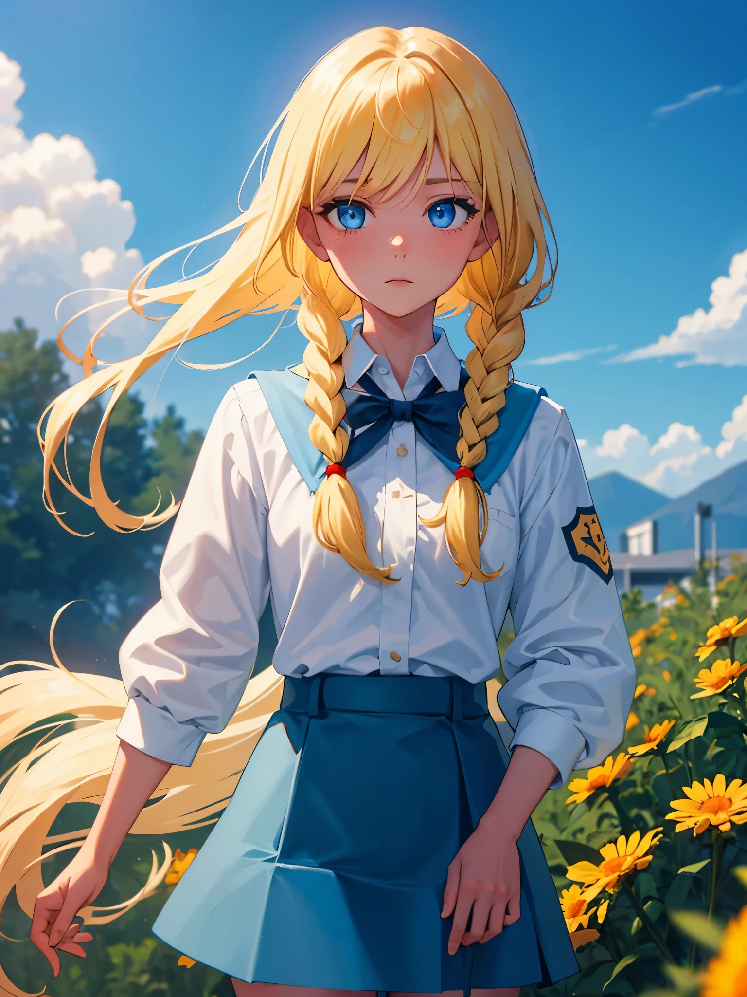 Girl, blond hair, Pigtail, blue eyes, Slavya, white shirt, blue skirt, pioneer