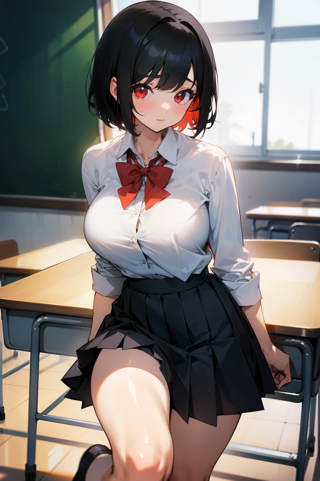 masutepiece、Ultra-high definition animation quality、8K、school classrooms、25-years old、femele、beautiful countenance、Big eyes、delicated face、brown haired、short-hair、straight haired、Red Short Blazer、Red and green pleated mini skirt、skirt rift、Red Long Boots、large full breasts、Big buttocks、Bend your knees and open your legs wide、Exposed、Perfect limbs、embarassed expression、Sexy figure