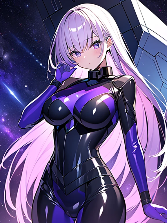 ((1girl),(petite), ( masterpiece,best quality,high-resolution), ((Anatomically correct number of limbs),(Anatomically correct number of fingers),(Beautiful five fingers)),  (shiny skin:1.5), (gaming color hair, very long hair), ((Purple latex rubber suit), (armored dress,Cyber clothes,cyberpunk decor), (clothes with violet glitter lines),Cameltoe),((gigantic breasts), beautiful breasts, curvy), (Cyber, (universe space),On the spaceship,Milky Way),(Big and heavy weapon),(Laser or beam light)