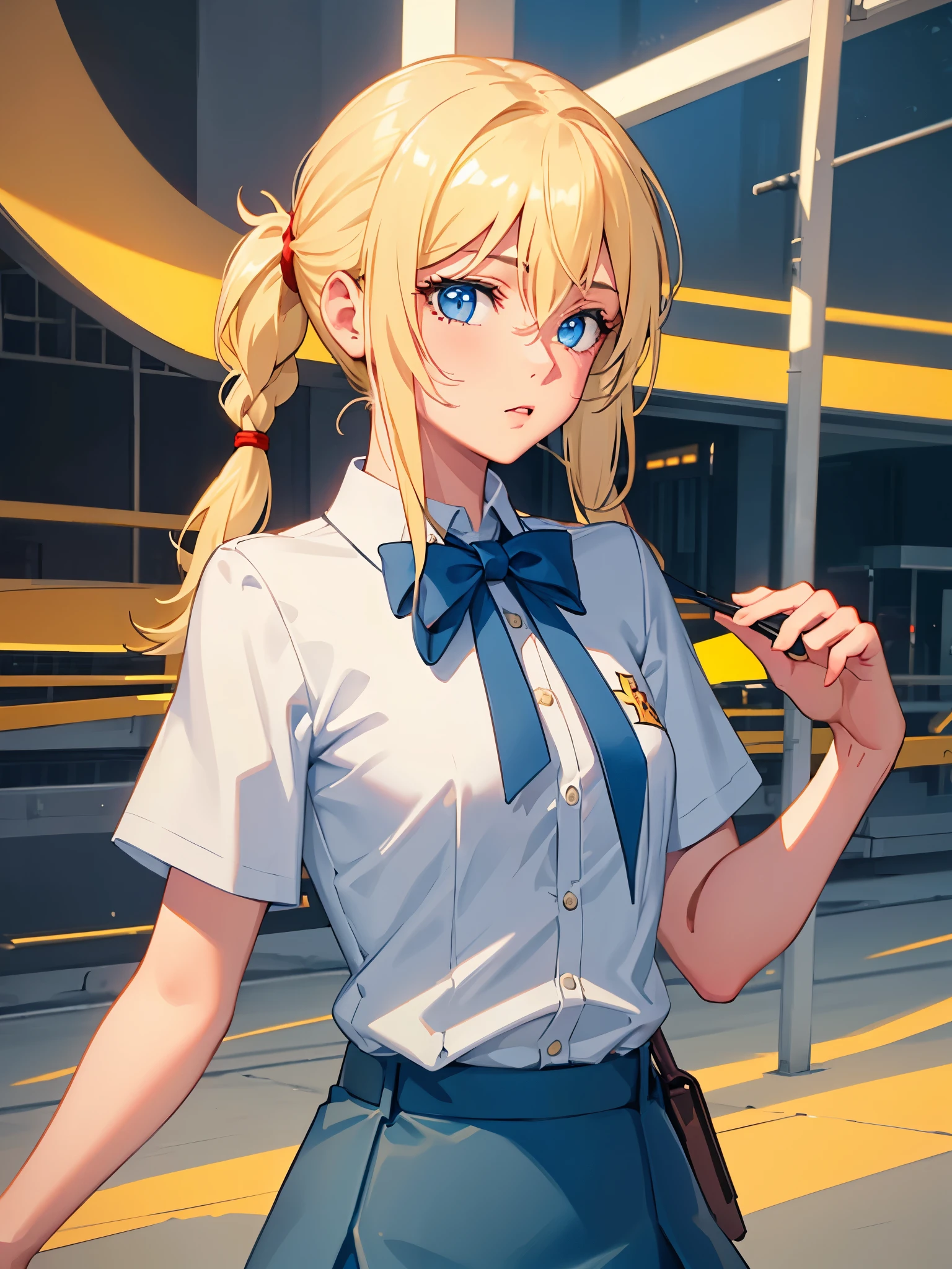 Girl, blond hair, Pigtail, blue eyes, Slavya, white shirt, blue skirt, pioneer