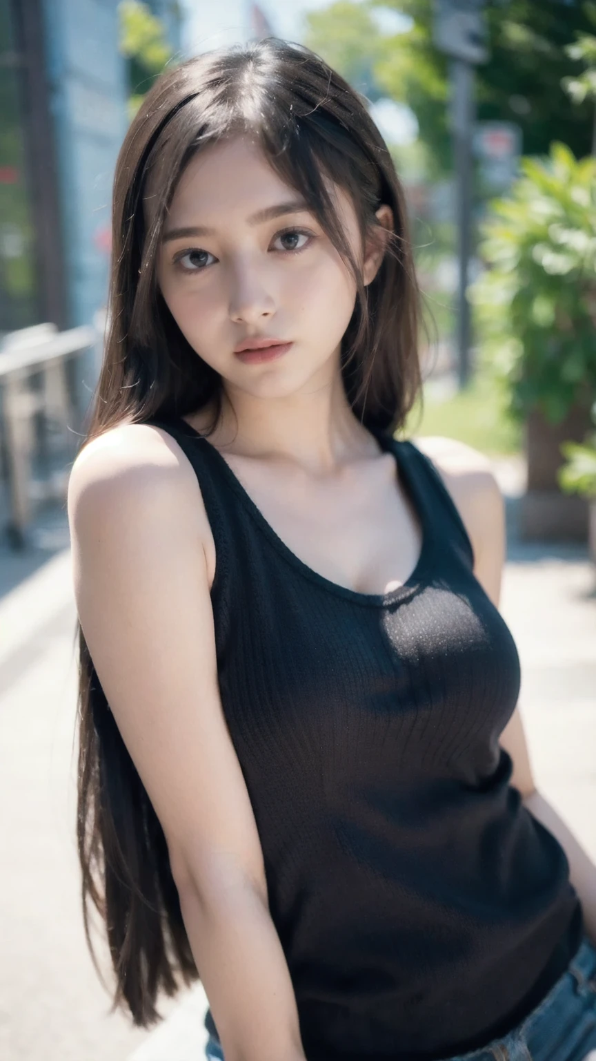 （lifelike， high - resolution：1.3）， 1 girl with a perfect body， Super fine face and eyes，slong hair， Tank top of random colors：1.2， short skirt， big boob，Expose cleavage,