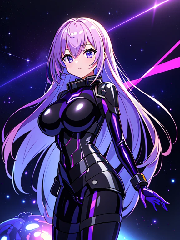 ((1girl),(petite), ( masterpiece,best quality,high-resolution), ((Anatomically correct number of limbs),(Anatomically correct number of fingers),(Beautiful five fingers)),  (shiny skin:1.5), (gaming color hair, very long hair), ((Purple latex rubber suit), (armored dress,Cyber clothes,cyberpunk decor), (clothes with violet glitter lines),Cameltoe),((gigantic breasts), beautiful breasts, curvy), (Cyber, (universe space),On the spaceship,Milky Way),(Big and heavy weapon),(Laser or beam light)