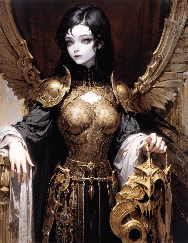 (best lighting) (best quality, masterpiece:1.2), (absurdres), 4k, (detailed eyes), (detailed face), ethereal demonic woman wearing medieval armour and bodysuit with short black hair, blunt cut bangs and ((pale white skin)). Large bat wings. Curvy. She's standing in front of an old gothic castle illuminated by a large moon over head, ((black armour)), dark, moody, ((gothic)), ((dark fantasy)), medieval