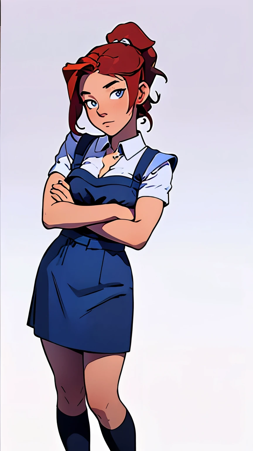 masterpiece, best quality, full body, highest image quality, waitress, looks like Olivia Dunne, bright red hair, ponytail, blue eyes, large breasts, wearing a waitress uniform with apron, White background, empty background, standing, arms crossed