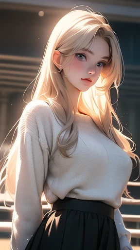 ((masterpiece, Please redeem, High resolution, , , Pixel perfect, Written boundary depth, 4K, Very detailed))), 1 girl, single, Alone, Beautiful Anime Girls, Beautiful art style, Anime characters, ((Long Hair, Parted bangs, Central bang, Blonde)), ((blue eyes:1.4, Round eyes, Beautiful eyelashes, Realistic eyes)), ((Detailed face, :1.2)), ((Smooth texture:0.75, Realistic texture:0.65, Realistic:1.1, Anime CG Style, Bright colors)), ((Beautiful breasts, Clevis:0.9, Nipples)), Dynamic Angle, Perfect body, ((throw, Dynamic pose, close)), ((White sweater, Long sleeve, Black Skirt, Women&#39;s Belts, Stylish, single handbag, 1. Diamond Necklace)), Open your mouth, Embarrassing, amusement park