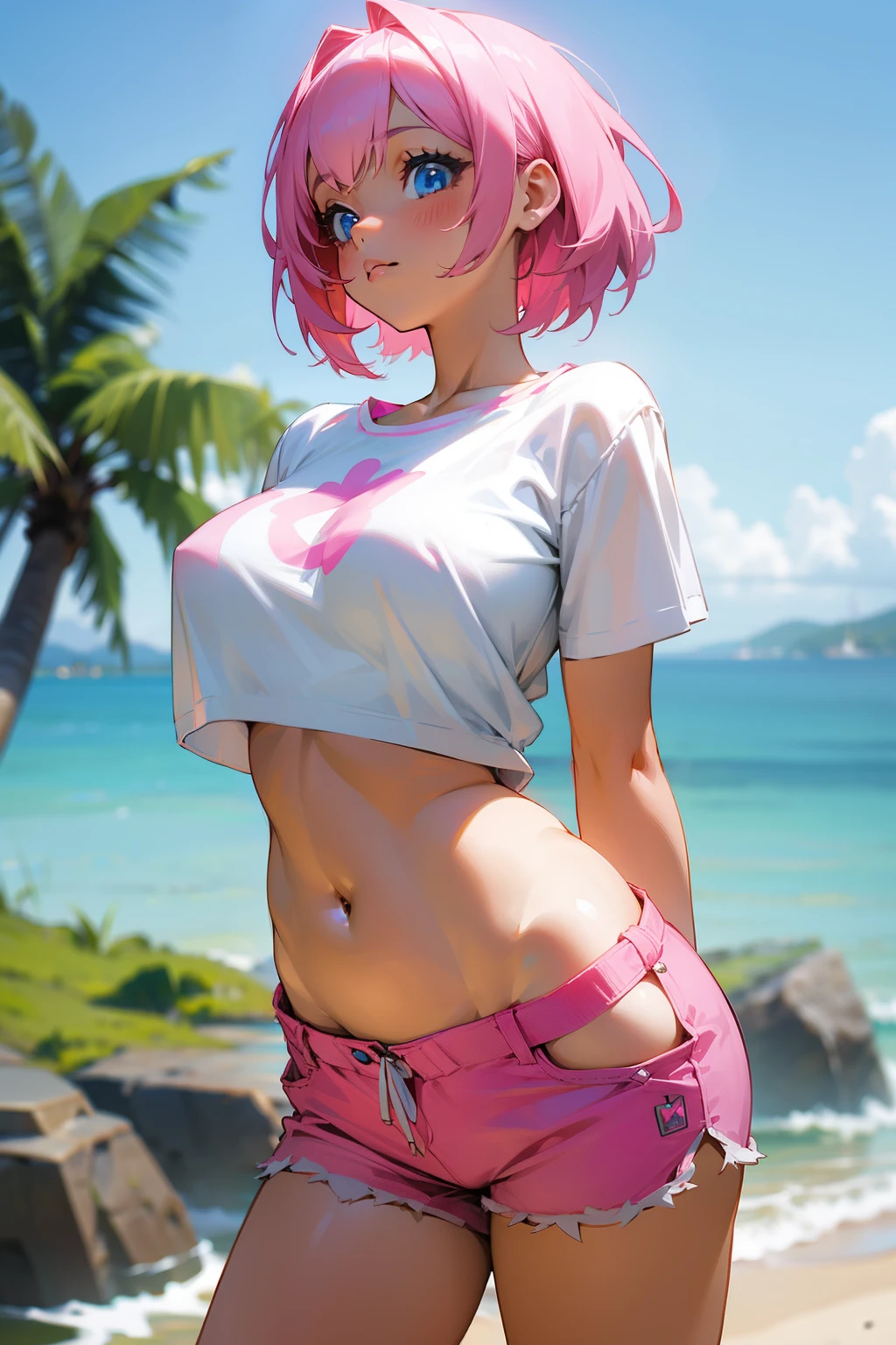 Perfect face. Perfect hands. A pink haired woman with violet eyes with an hourglass figure in a sexy white crop top and daisy dukes is posing sexually on the beach with a big smile