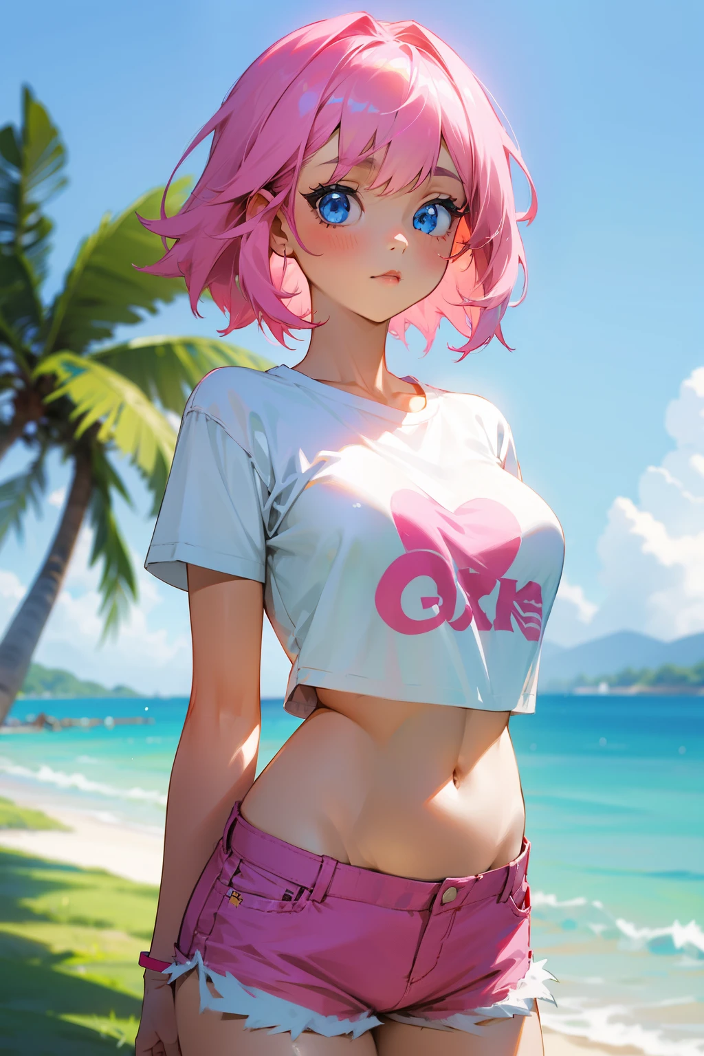 (highest resolution, distinct_image) The best quality, a woman, masterpiece, highly detailed, semi realistic, short hair, pink hair, blue eyes, fluffy hair, freckles, small breasts, wide hips, athletic body, hourglass figure, mature, athlete, 21 years old, city, blue sky, beautiful, delicate and delicate facial features, blushing, seductive look, flirty, horny, teasing, smiling, tomboy, sporty clothes