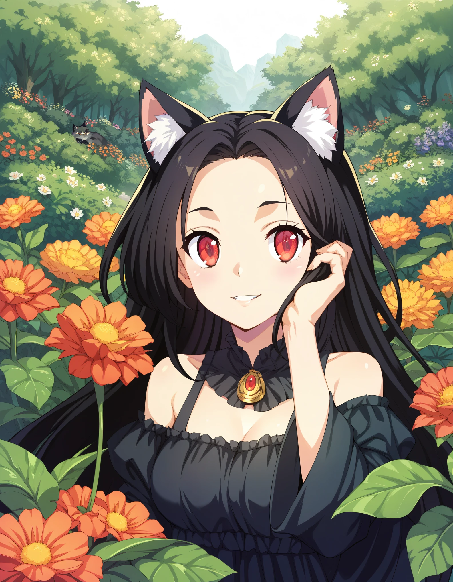 score_9, score_8_up, score_7_up, 1girl, black hair, long hair, red eye, many black flower, Front View, cute, black dress, cat ear, tail