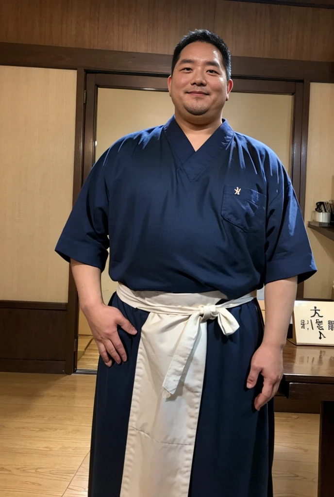 40 years old、Japanese、male、obesity、Soba craftsman、A long-standing soba restaurant、Store entrance、Wooden sliding door with a curtain、Lowered eyebrows、good looking、Square face、Thick neck、Laugh out loud、Stubborn look、strict、maleらしい、Thick arms、kimono、Navy blue apron、Realistic、photograph、、Surreal、40 years old、Japanese、male、obesity、Soba craftsman、A long-standing soba restaurant、Store entrance、Wooden sliding door with a curtain、Lowered eyebrows、good looking、((Laugh out loud))、Stubborn look、strict、maleらしい、Thick arms、kimono、(((胸と腹の部分の布が無く腹から下の長さでNavy blue apron)))、Realistic、Photorealistic、photograph、35mm、Surreal、