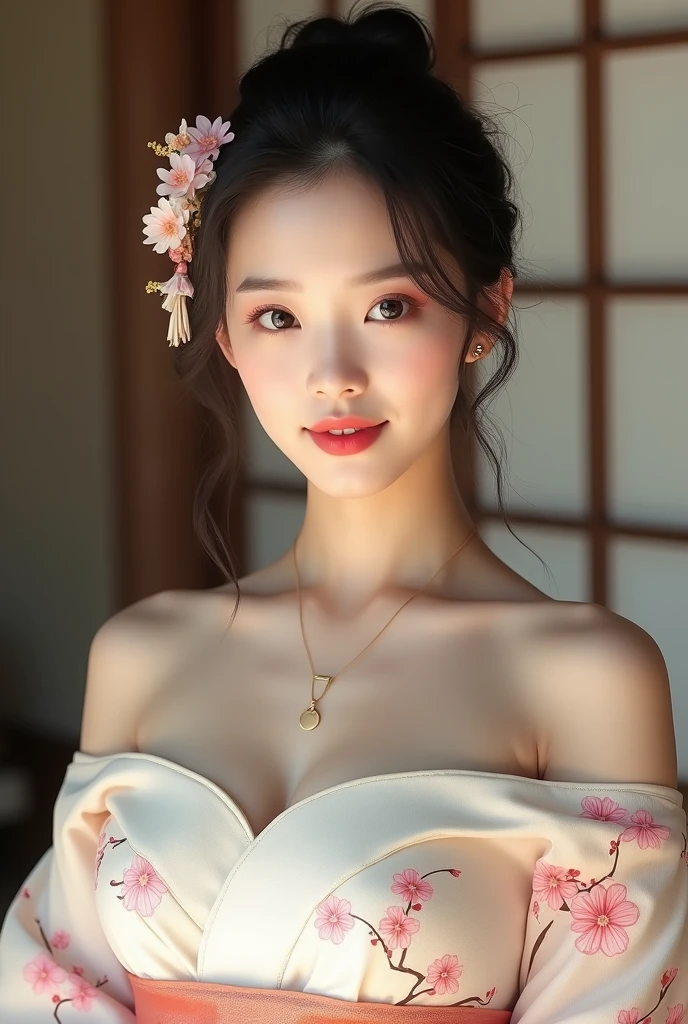 (ung girl), Extremely cute face, Amazing face and eyes, (Highly detailed eyes, Highly detailed face), fresh, Very clean appearance, (Hyper-realistic, hight resolution), (Best Quality:1.4), Raw photo, (Realistic, Photorealsitic:1.37), Professional Photography, (floral pattern kimono:1.5), (Open kimono), (cleavage:1.2), (Bare shoulders), Smile slightly, (Staring at me), Bedroom, girl portrait,