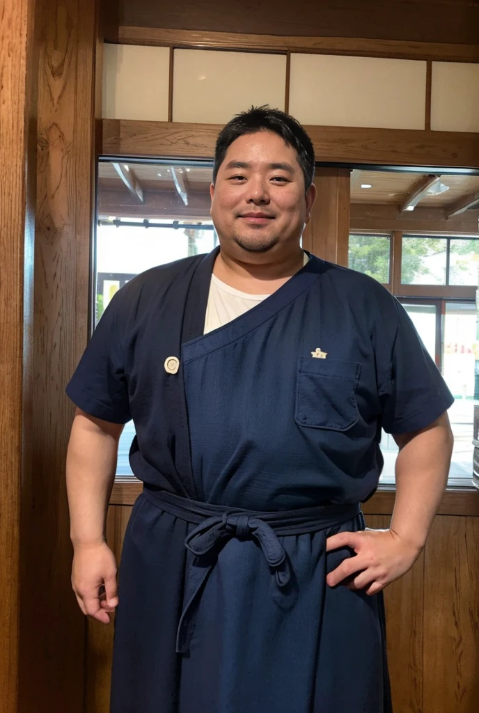 40 years old、Japanese、male、obesity、Soba craftsman、A long-standing soba restaurant、Store entrance、Wooden sliding door with a curtain、Lowered eyebrows、good looking、Square face、Thick neck、Laugh out loud、Stubborn look、strict、maleらしい、Thick arms、kimono、Navy blue apron、Realistic、photograph、、Surreal、40 years old、Japanese、male、obesity、Soba craftsman、A long-standing soba restaurant、Store entrance、Wooden sliding door with a curtain、Lowered eyebrows、good looking、((Laugh out loud))、Stubborn look、strict、maleらしい、Thick arms、kimono、(((胸と腹の部分の布が無く腹から下の長さでNavy blue apron)))、Realistic、Photorealistic、photograph、35mm、Surreal、