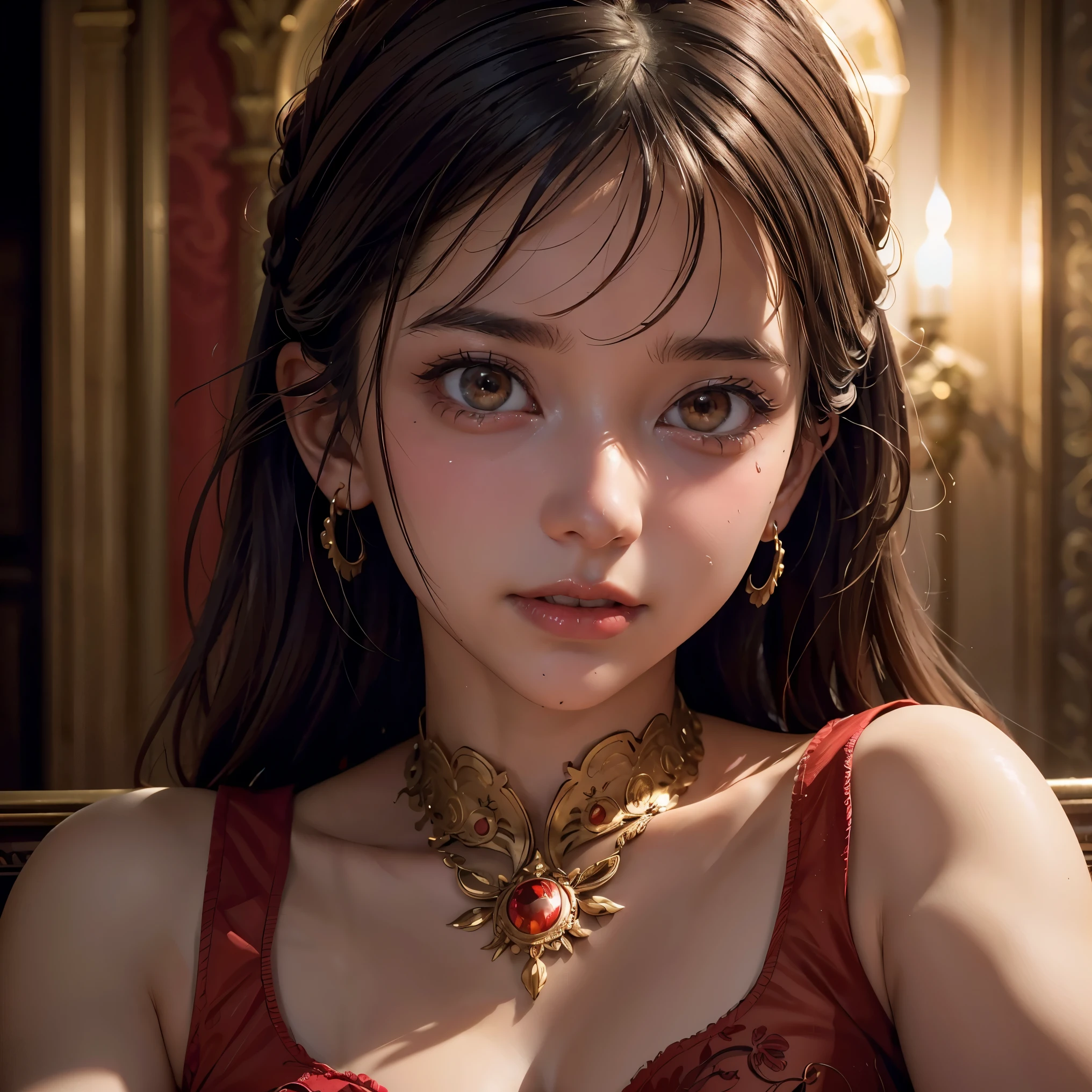 a dramatic portrait of a girl with red glowing eyes, tears streaming down her face, her arms open wide, in an ornate european style setting, highly detailed, photorealistic, 8k, cinematic lighting, warm color palette, dramatic composition