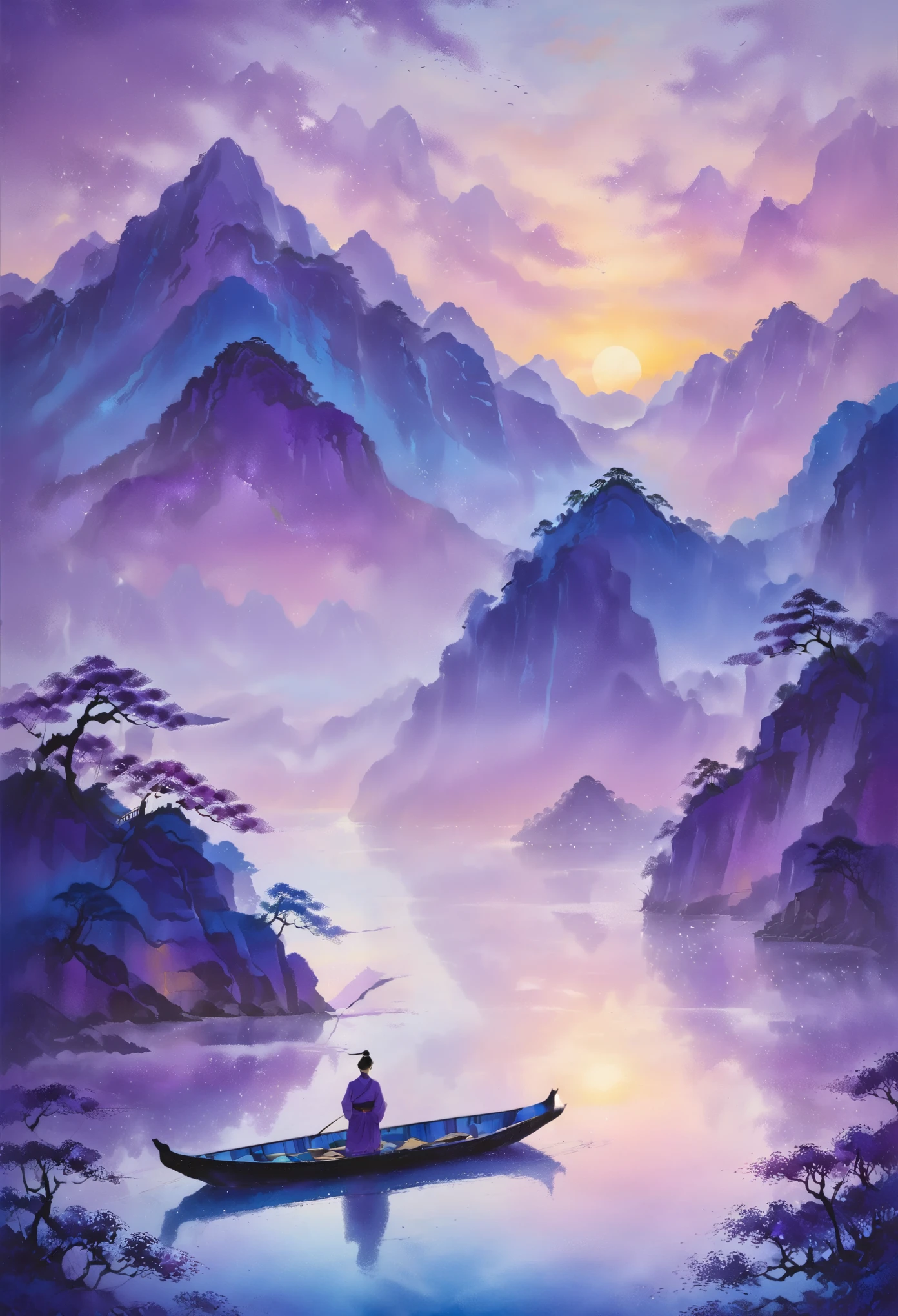 Impression color,Peaceful lake scene, mountain silhouette, pointillism texture, blue and purple gradient sky, textured surface, lone star boat, serene mood, ethereal glow, Asian influence, tranquil water, misty atmosphere,