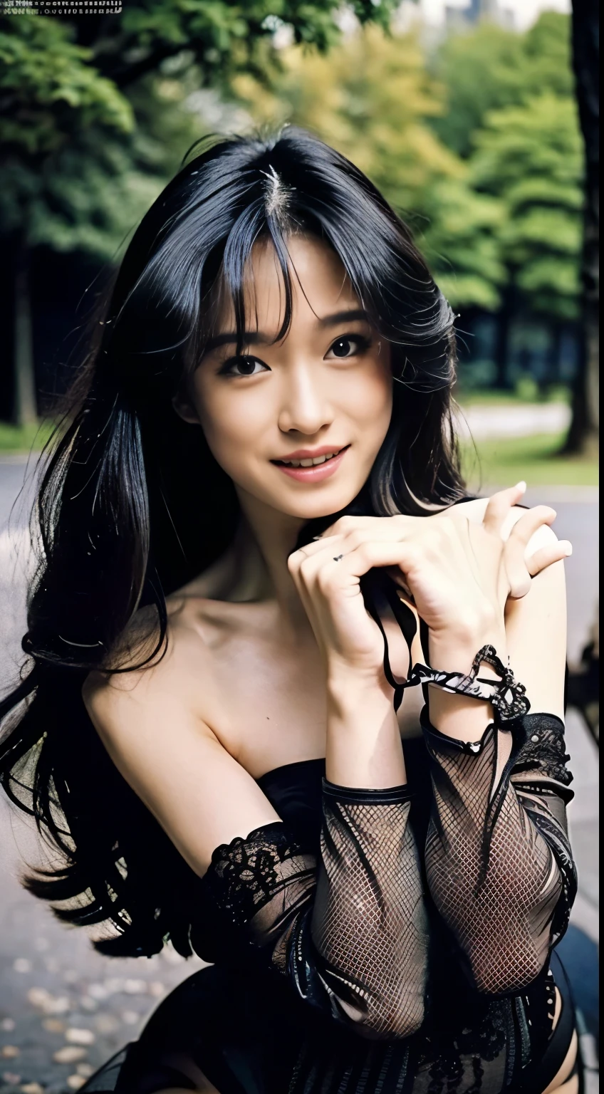 look at this and smile、Under the blue sky in midsummer、Summer clothes、take off shoulders、best quality、Masterpiece、real picture、intricate details、original photo、super detailed、delicate face、delicate skin、Art station fashion trends、8K masterpiece、like the same light、( (1 girl in))、((alone) ))、18 years old、Trend of CGsociety、((long black hair))、((beautiful woman))、(a smile)、Top Teeth、fashionable、hair blowing in the wind、((flowing hair))、fashion magazine、((a sexy))、((like the same light)、((indirect lighting)、、(gender)、grinning、(looking from a distance)