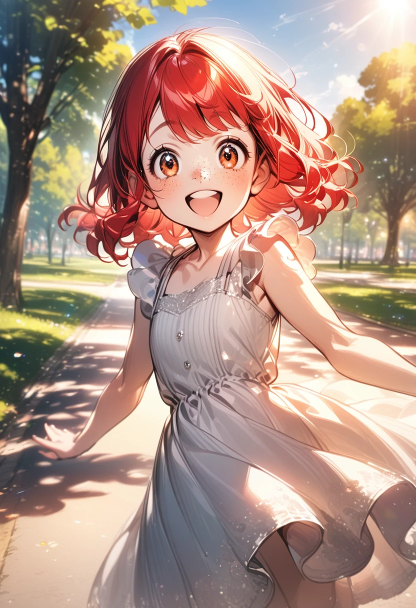 young girl(Red hair, freckles, big eyes,), dress, happy, sunny, outdoors, park
