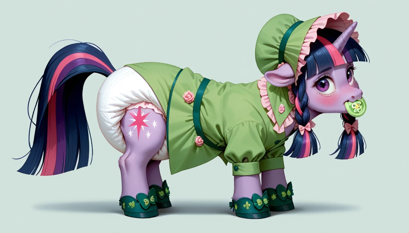 pony, Pegasus, adult mare, emerald green fur, a lush mane of light green color, gathered in a bonnet of adult size light pink color, a lush tail of light green color, stands on four hooves, rear hooves spread wide apart, wearing a pink adult-sized onesie and pink booties, pink pacifier in mouth, solo, thick light pink diaper under clothes, pink blush on cheeks, Embarrassment, Awkwardness.