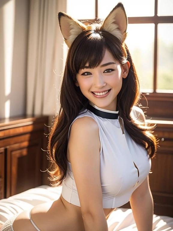 ((highest quality)), ((masterpiece)), (get used to it), perfect face, fox girl, Beautiful woman, public, A tail is growing, she has a fluffy tail, she has a fox tail, she wags her tail, smile, collar, She wears a maid outfit, beautiful hips, big breasts , big tail, crawl on all fours