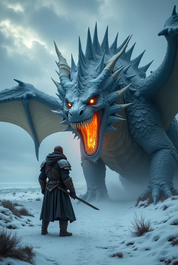 Create an ultra-realistic, high-fidelity scene of a massive ice-covered dragon, fiercely facing a lone armored warrior in a frozen, desolate landscape. The dragon’s glowing, fiery eyes lock directly onto the warrior, exuding menace and power. Its mouth is wide open in a terrifying roar, with sharp teeth and icy breath aimed directly at the warrior, as if it’s preparing to strike. The dragon's massive wings are spread wide, covered in jagged, icy textures, while its spiked, frosty body adds to the creature’s intimidating presence. The warrior, clad in detailed and weathered armor, stands bravely before the dragon with his sword drawn, staring up at the beast. The snowy ground around them is scattered with patches of dead vegetation, and dark clouds swirl ominously in the background, intensifying the cold, high-stakes atmosphere. Make the focus of the image the fierce eye contact and the dragon’s roaring breath directed straight at the warrior, capturing the dramatic tension of the moment in stunning, ultra-realistic detail.