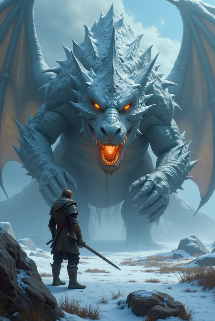 Create an ultra-realistic, high-fidelity scene of a massive ice-covered dragon, fiercely facing a lone armored warrior in a frozen, desolate landscape. The dragon’s glowing, fiery eyes lock directly onto the warrior, exuding menace and power. Its mouth is wide open in a terrifying roar, with sharp teeth and icy breath aimed directly at the warrior, as if it’s preparing to strike. The dragon's massive wings are spread wide, covered in jagged, icy textures, while its spiked, frosty body adds to the creature’s intimidating presence. The warrior, clad in detailed and weathered armor, stands bravely before the dragon with his sword drawn, staring up at the beast. The snowy ground around them is scattered with patches of dead vegetation, and dark clouds swirl ominously in the background, intensifying the cold, high-stakes atmosphere. Make the focus of the image the fierce eye contact and the dragon’s roaring breath directed straight at the warrior, capturing the dramatic tension of the moment in stunning, ultra-realistic detail.