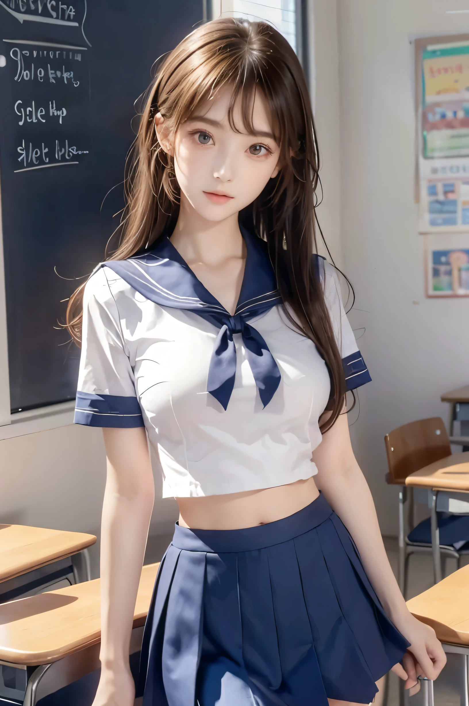 (Ultra HD), (Looking at me), (Short-sleeved sailor uniform, Navy blue mini skirt), Big Breasts, Super beautiful breasts, Slender, (Thin legs:1.2), (Thin thighs:1.2), (Thin Hips:1.4), (Beautiful Skin, Shiny skin, White skin), (Super slim face, Super beautiful face, No makeup, Smile:0.6), (Light Brown Hair, Semi-long, Layered Cut, Fluffy hair), (Big eyes:1.3, High corners of the eyes:1.6, double eyelid), (Thin eyebrows:0.1), (Small Nose:0.6), (Thin lips:0.6), Beautiful Hands, Empty-handed, Standing, School classroom