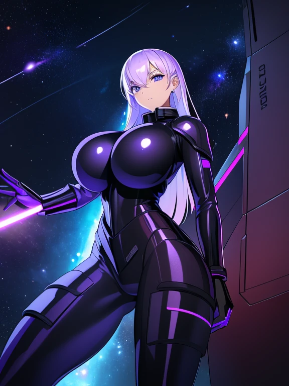 ((1girl),(petite), ( masterpiece,best quality,high-resolution), ((Anatomically correct number of limbs),(Anatomically correct number of fingers),(Beautiful five fingers)),  (shiny skin:1.5), (gaming color hair, very long hair), ((Purple latex rubber suit), (armored dress,Cyber clothes,cyberpunk decor), (clothes with violet glitter lines),Cameltoe),((gigantic breasts), beautiful breasts, curvy), (Cyber, (universe space),On the spaceship,Milky Way),(Big and heavy weapon),(Laser or beam light)