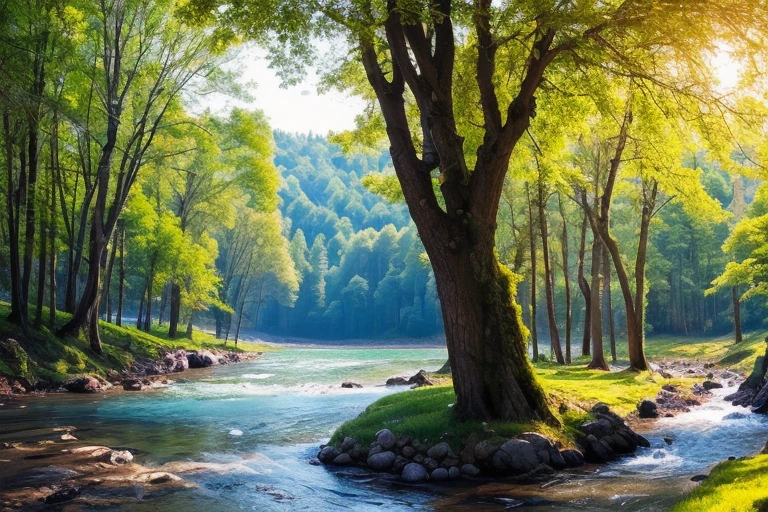 forest, river, summer, sunny