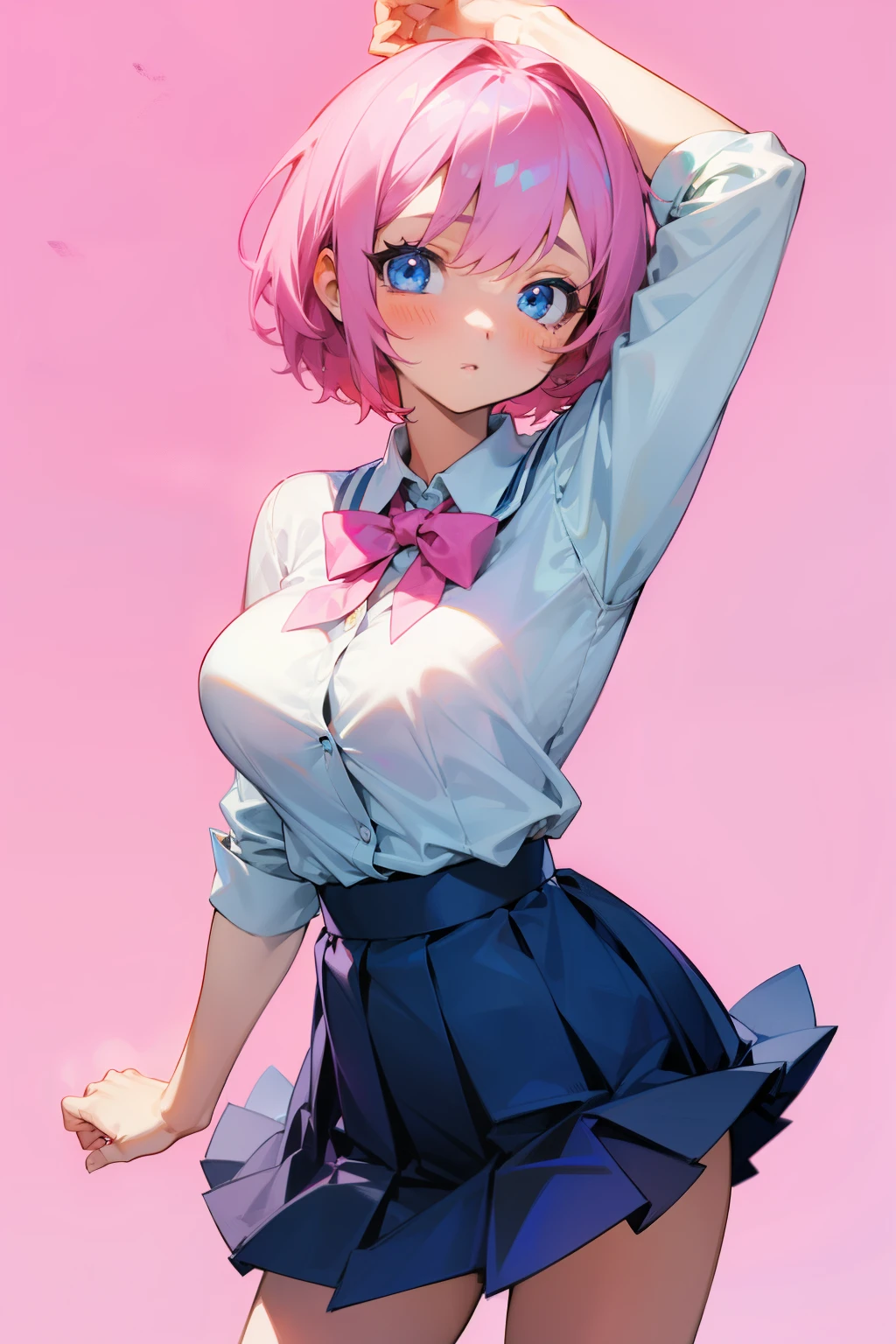 nakano nino, short hair, medium breast, slim legs, happy, cleavage, short skirt, navel, blue eyes, school uniform, thigh high socks, standing, class, pink hair