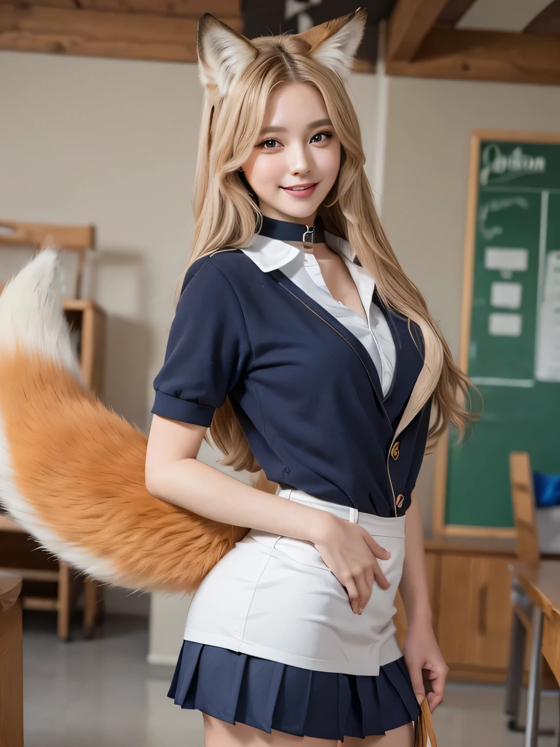 ((Highest quality, 8k)), ((masterpiece)), (Highest Resolution), Perfect Face, Fox Girl, high school girl, Beautiful woman, public, One tail, she has thick thighs, Big tail, She has a yellow fox tail., She wags her tail, smile, Fur collar, She is wearing a short skirt, Beautiful Hips , Big Breasts, The skirt is rolled up at her tail