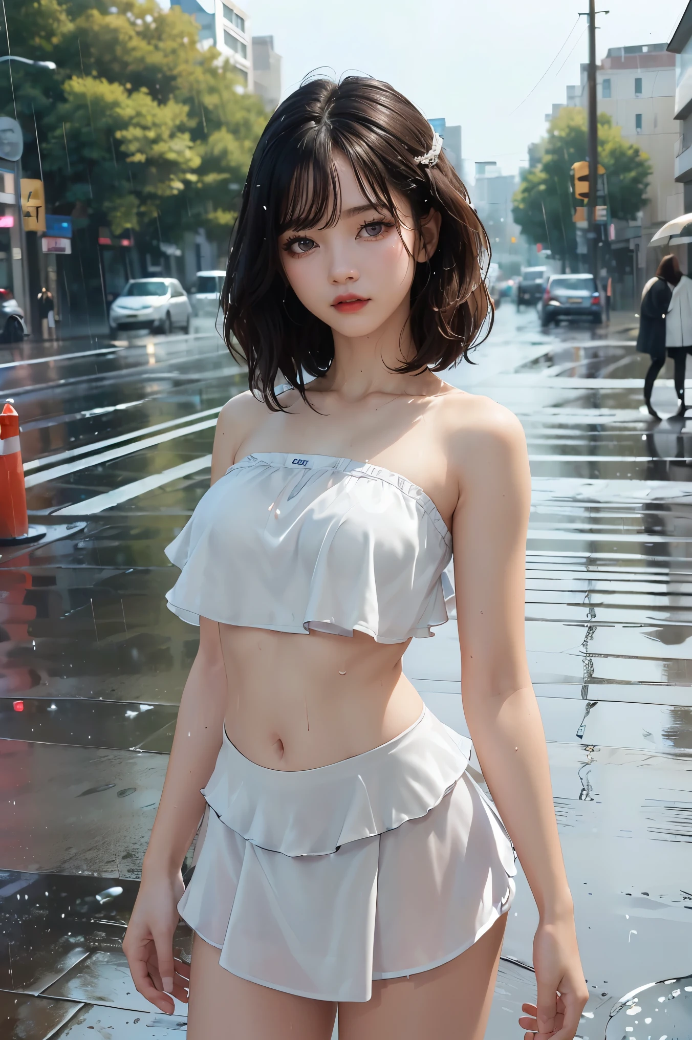 ((Best Quality, 8k, Masterpiece:1.3)), Focus:1.2, Perfect Body Beauty:1.4, Buttocks:1.2, ((Layered Haircut, Breasts:1.2)), (Wet Clothes:1.1) , (Rain, Street:1.3), Bandeau Dress: 1.1, Highly Detailed Face and Skin Texture, Fine Eyes, Double Eyelids, Whitened Skin, Long Hair, (Shut Up: 1.3)