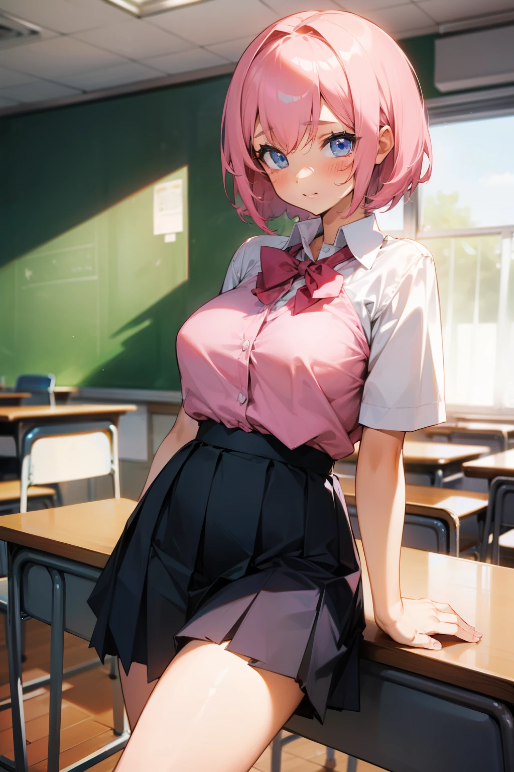 (top-quality:1.1), (​masterpiece:1.4), (absurderes:1.0), portlate, a closeup,
1girl in、Momovelia Deviluk、hair adornments、bob cuts、Shorthair pink hair、a purple eye、Medium chest、Yellow Uniform、looking at the viewers、‎Classroom、(red blush:1.2)、embarassed expression、((pantyhose))、sit a chair、((open one's legs))