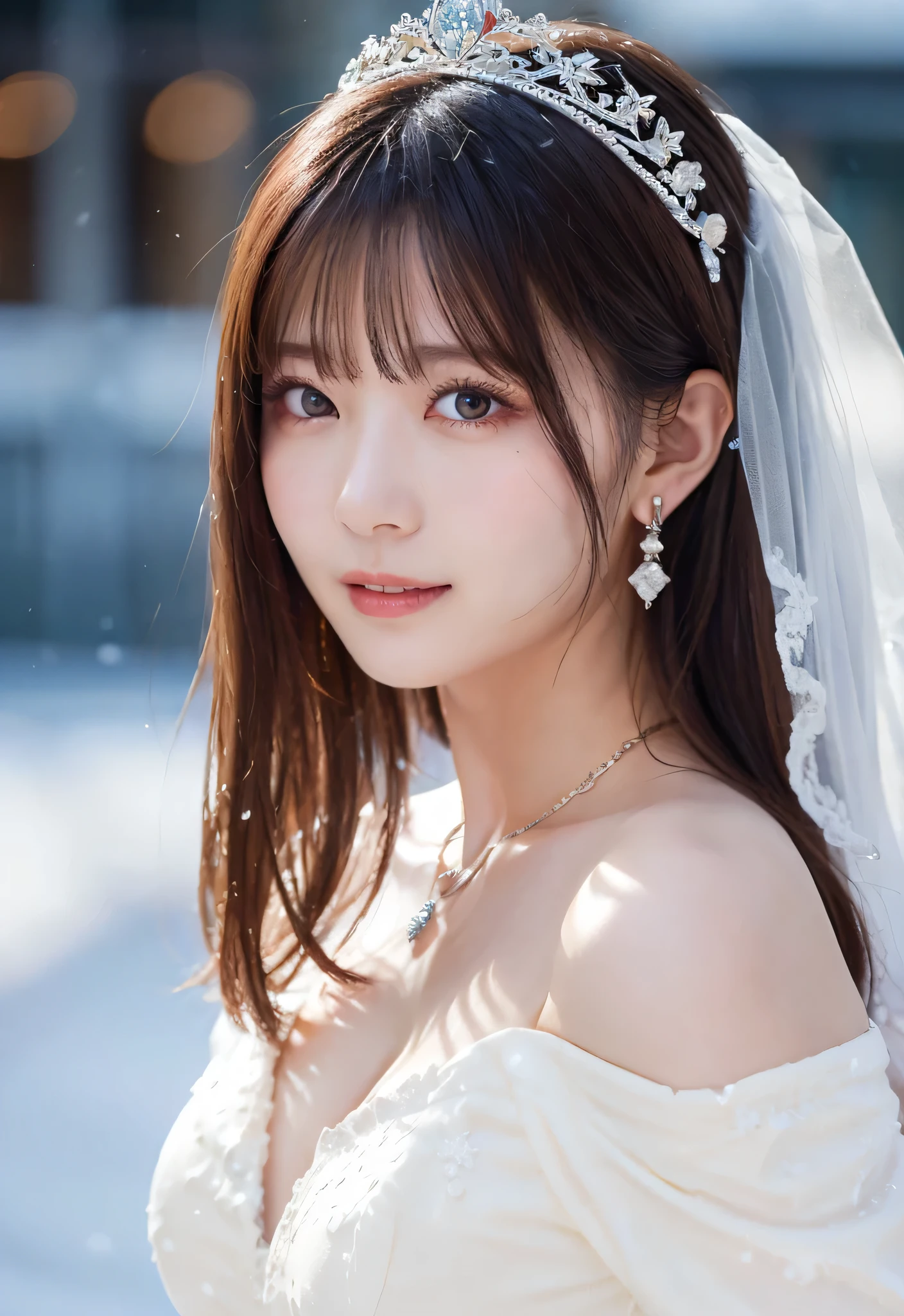 masutepiece, Best Quality, Illustration, Ultra-detailed, finely detail, hight resolution, 8K Wallpaper, Perfect dynamic composition, Beautiful detailed eyes , heavy snow、Powder Snow、(Bust Up:1.5)、Wedding Dresses、long wedding lace、winter, Sexy face,Face feeling ecstasy,Face at the peak of sexual arousal, face of a woman feeling , Very Long Hair、Half Up、Earrings、necklace、(semen:1.4)、Tiara、Off the shoulder