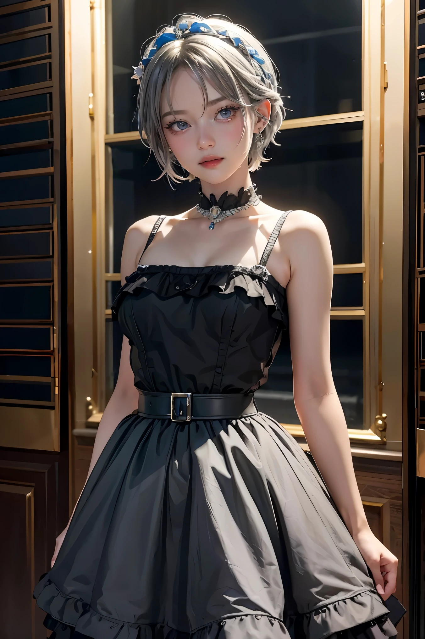 masterpiece, best quality, highres, 1girl, solo, anastasia (idolmaster), idolmaster cinderella girls, blue eyes, short hair, grey hair, black dress, cowboy shot, , closed mouth, upper_body,