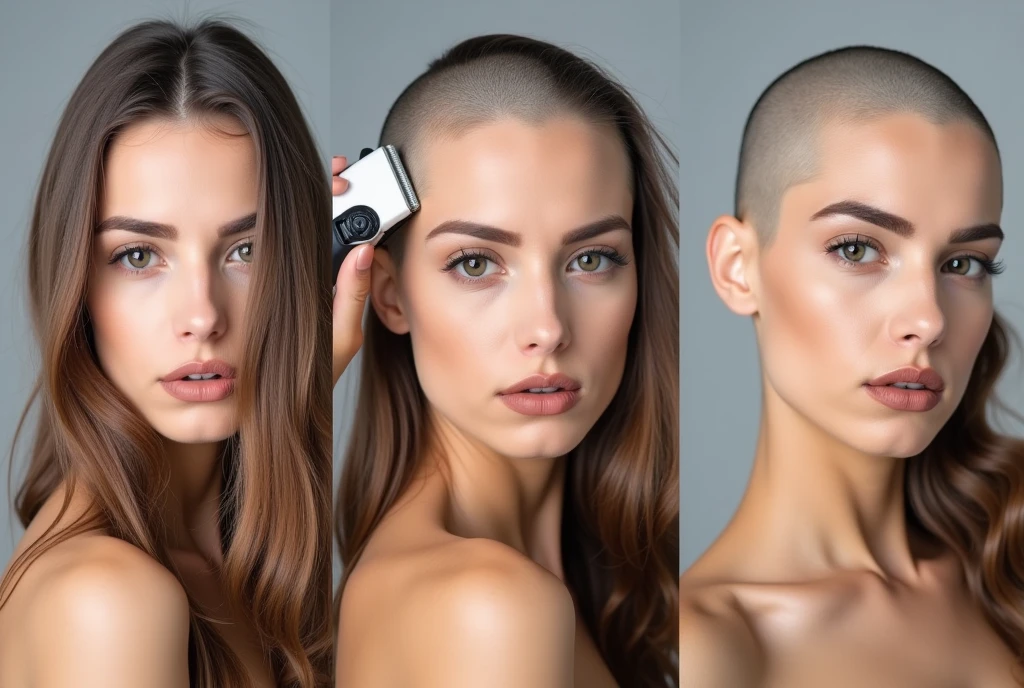 Beautiful woman using hair clippers to shave her head bald, (3 separate photos each at a different stages of shaving her head bald and each with her looking at the viewer ((first image = (very long hair), ((second image = (side and top of head are bald), and ((third image = (clean shaven bald head)))).
