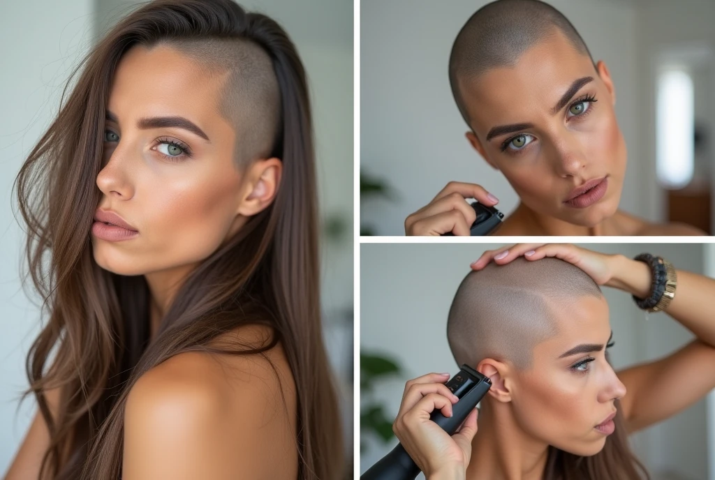 Beautiful woman using hair clippers to shave her head bald, (3 separate photos each at a different stages of shaving her head bald and each with her looking at the viewer ((first image = (very long hair), ((second image = (side and top of head are bald), and ((third image = (clean shaven bald head)))).
