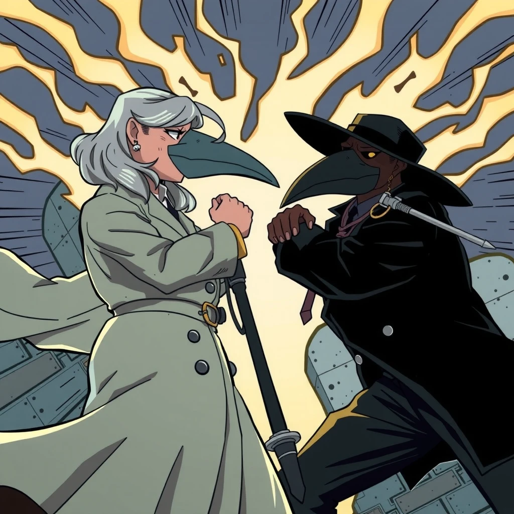 spy vs spy comic, Grey Spy, a powerful lady with brass knuckles, standing strong in victory in a Peter Kuper-style splash page. The two spies, (SPY VS SPY. mad magazine Antonio Prohías one in white and the other in black, with their iconic over-sized fedoras and beak-like heads, are locked in a final battle. The scene is wordless, thick with the despair, sorrow, and realization of their endless war. The cel-shaded, harrowing style adds to the overwhelming dread of the moment.
