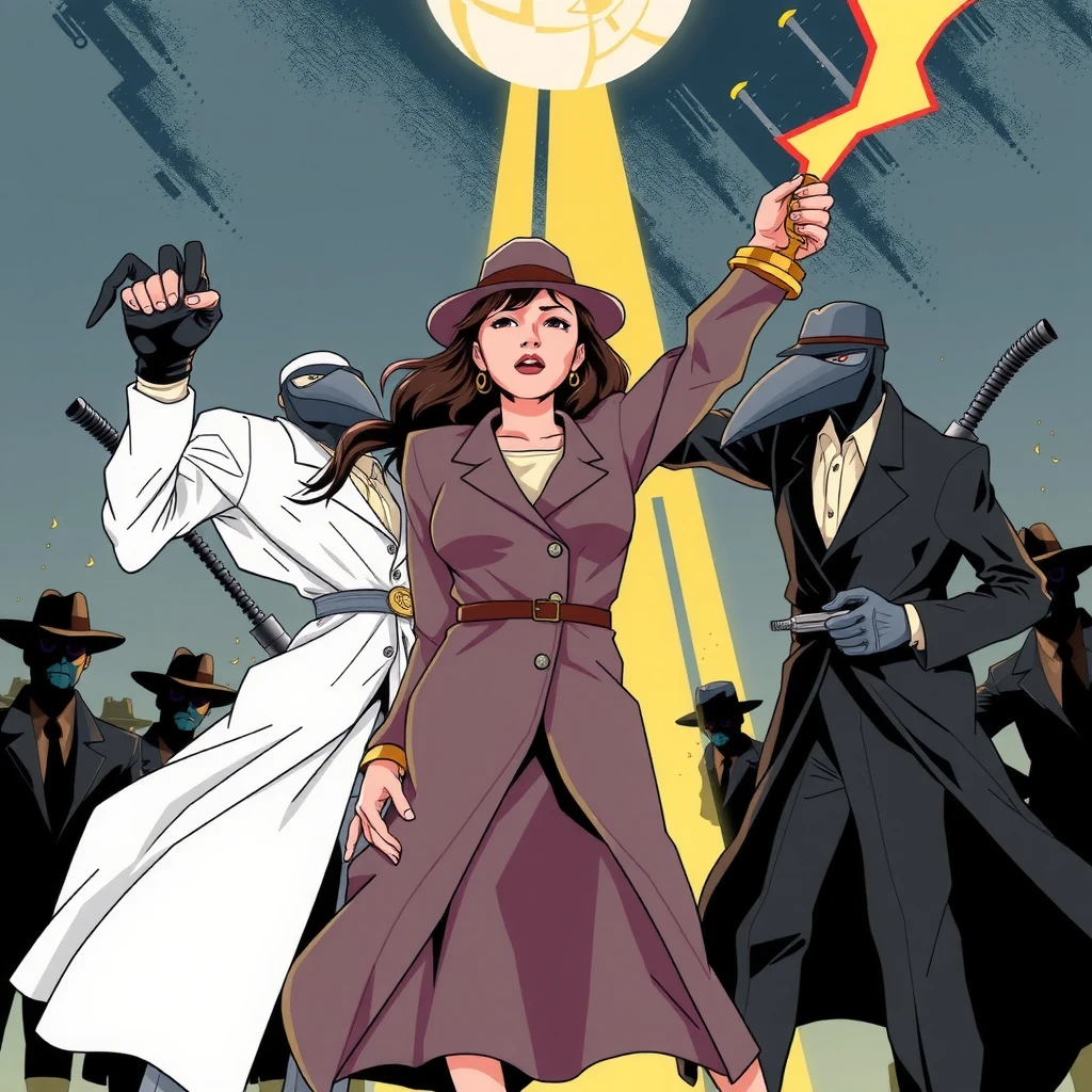 spy vs spy comic, Grey Spy, a powerful lady with brass knuckles, standing strong in victory in a Peter Kuper-style splash page. The two spies, (SPY VS SPY. mad magazine Antonio Prohías one in white and the other in black, with their iconic over-sized fedoras and beak-like heads, are locked in a final battle. The scene is wordless, thick with the despair, sorrow, and realization of their endless war. The cel-shaded, harrowing style adds to the overwhelming dread of the moment.
