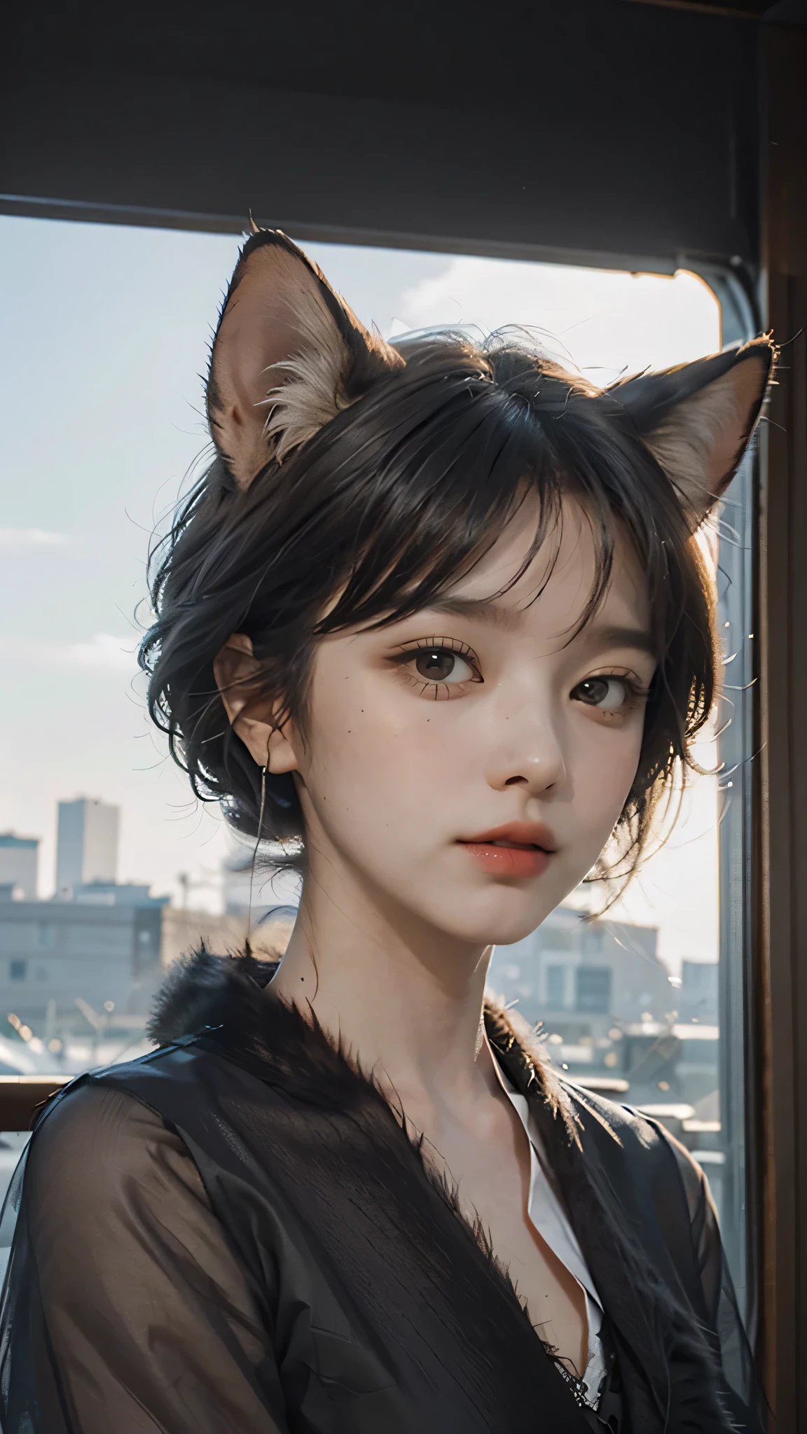 Black hair, hair bobbles, wince, long eyeslashes, solid circle eyes, Fake animal ears, Light smile, Ear blush, fang, Best quality girls, surrealism, Nipple shadow, anaglyph, stereograms, tachi-e, pov fpov, Atmospheric perspective, 8K, Super detail, ccurate, 巨作 --auto