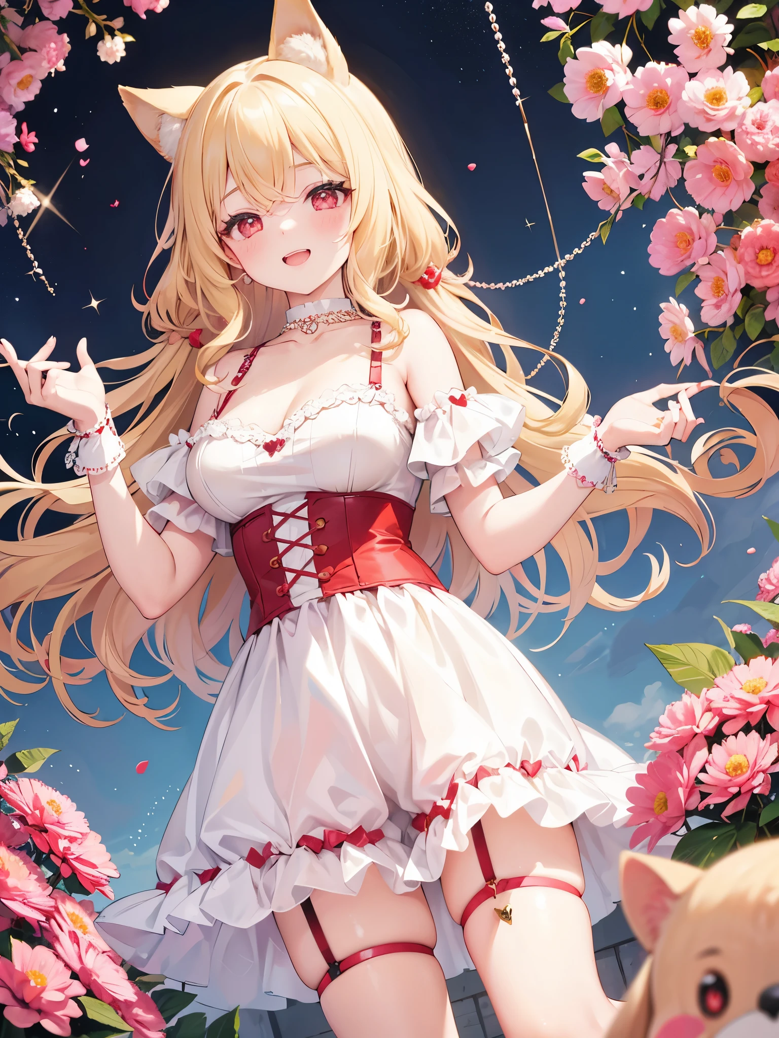 One girl, blonde hair, red eyes, sparkling eyes, laugh heartily, medium cut, curly hair, dog ears, pearls choker, Dahlia garter belt,