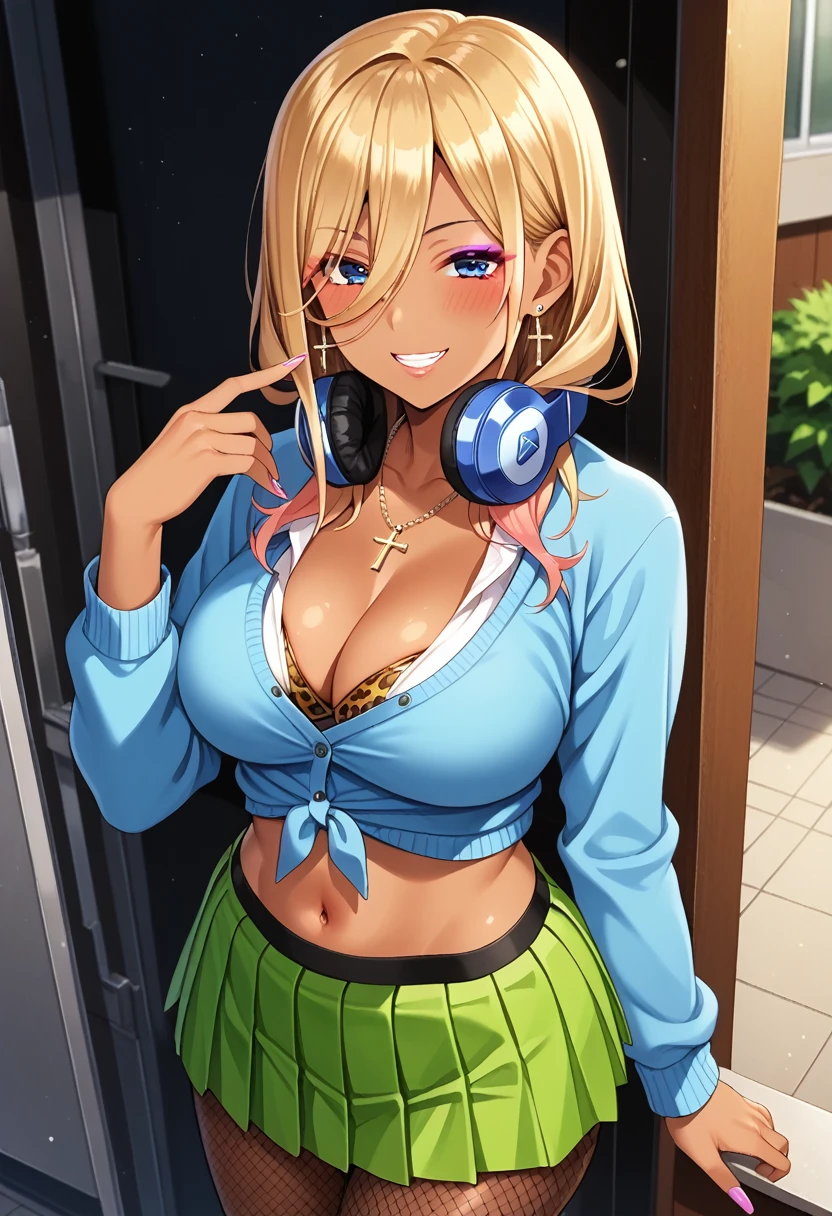 miku nakano, long hair, bangs, blue eyes, brown hair, shirt, hair between eyes, headphones, headphones around neck,
skirt, shirt, long sleeves, white shirt, pantyhose, pleated skirt, black pantyhose, cardigan, green skirt, blue cardigan, BREAK gyaru, (dark skin), (dark-skinned female), metallic tan, multicolored hair, blonde hair, (makeup), eyeshadow, grin, parted lips, blush, mature female, tall girl, looking at viewer, gleaming skin, bikini top, leopard print, cleavage, navel, cross earrings, necklaces, fishnets, (from front), standing, cowboy shot, rating_explicit, score_9, score_8_up, score_7_up, uncensored, 