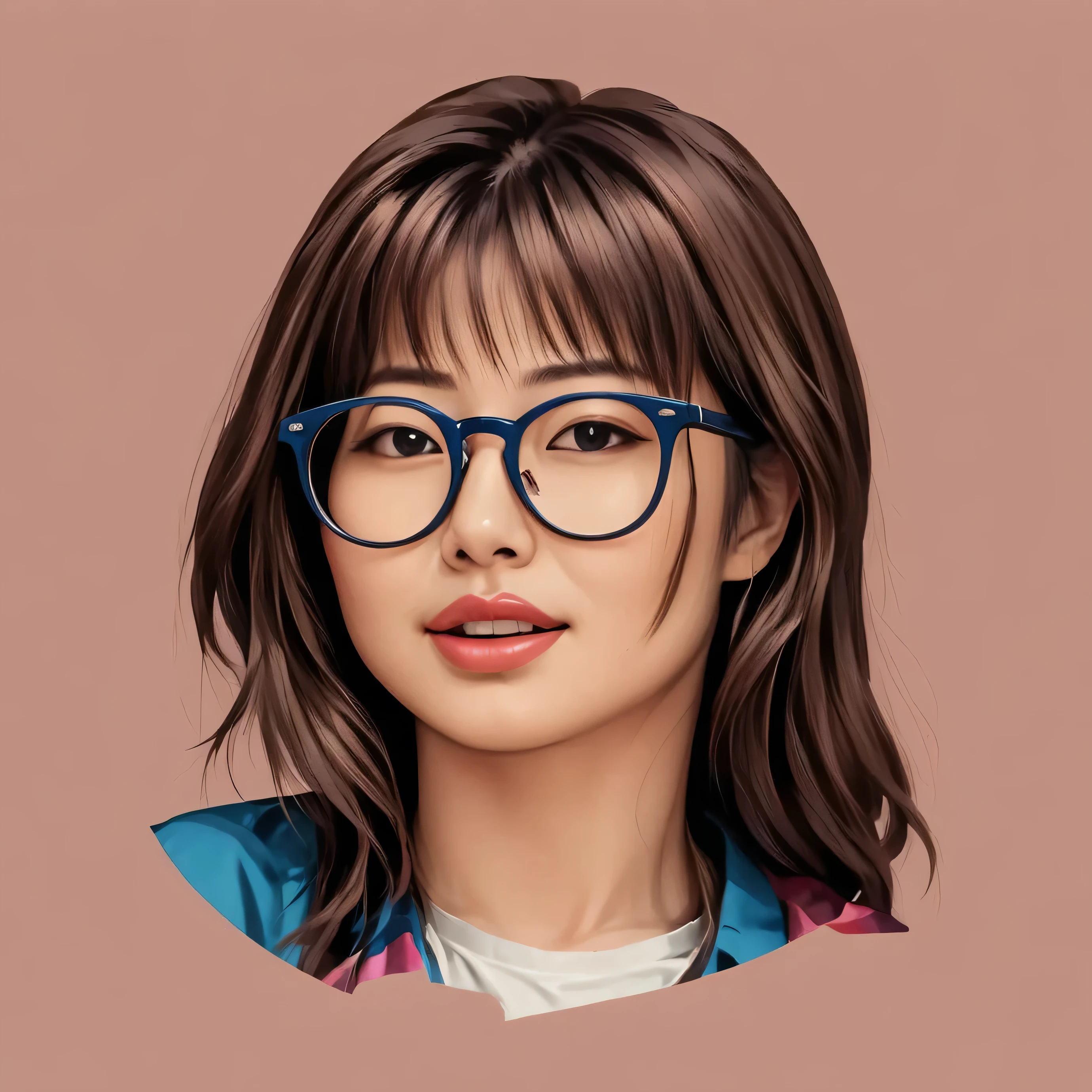 Conceptual Art of T-shirt logo design of a lewd lady with long messy hair, wearing glasses and tight skirt with pantyhose, nose blush, half-closed eyes, open mouth, front view, solo, colorful, sfw concept art,kodew