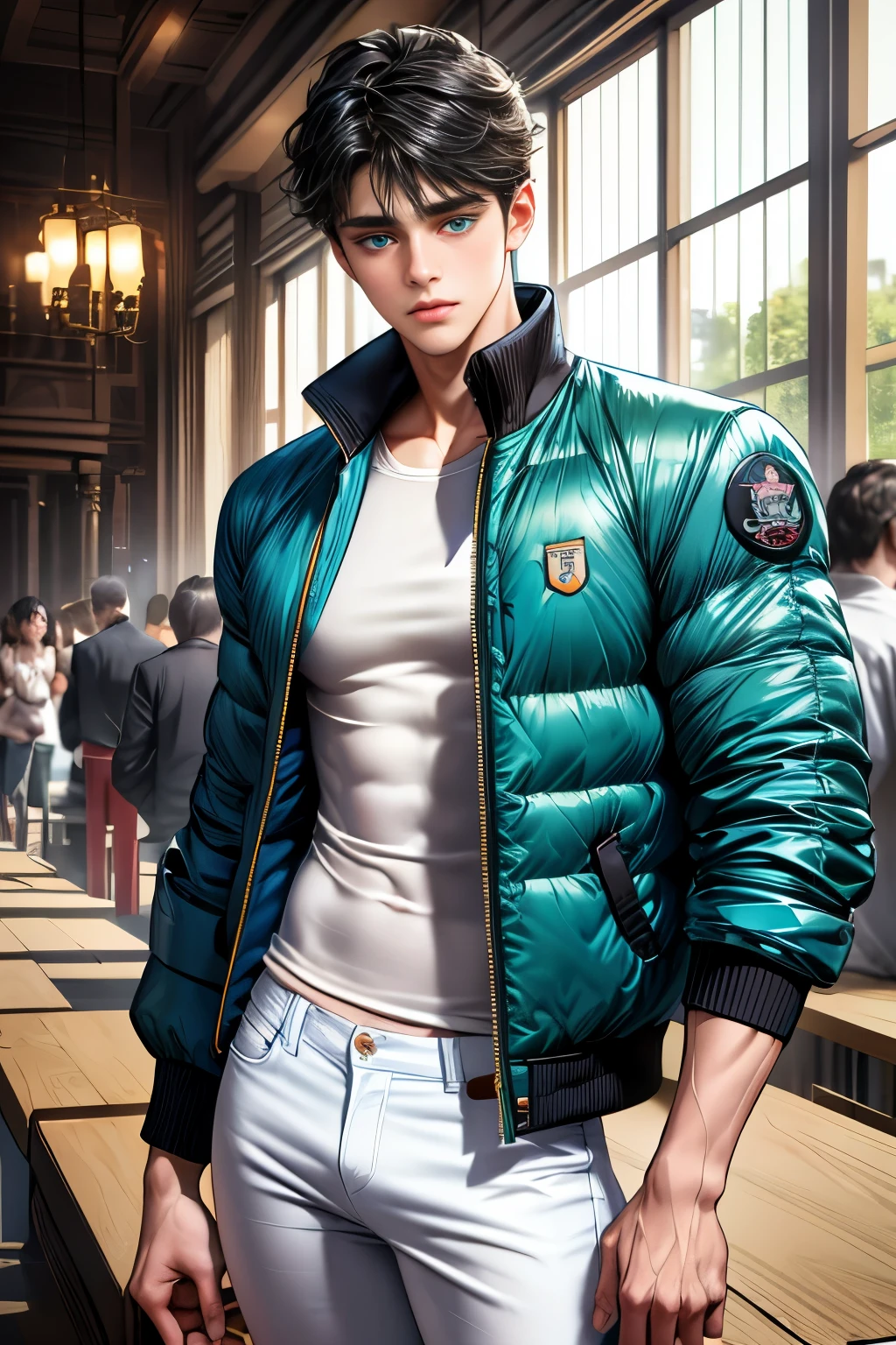 masterpiece, 最high quality, high quality, 1 person, alone, Male focus, Upper Body,Watching the audience, Messy black hair, Adorable big blue eyes, White, Noble, Noble,A sexy, voluminous, and padded green flight jacket、White innerwear、jeans,cute beautiful,Cute, cute, kind, handsome guy