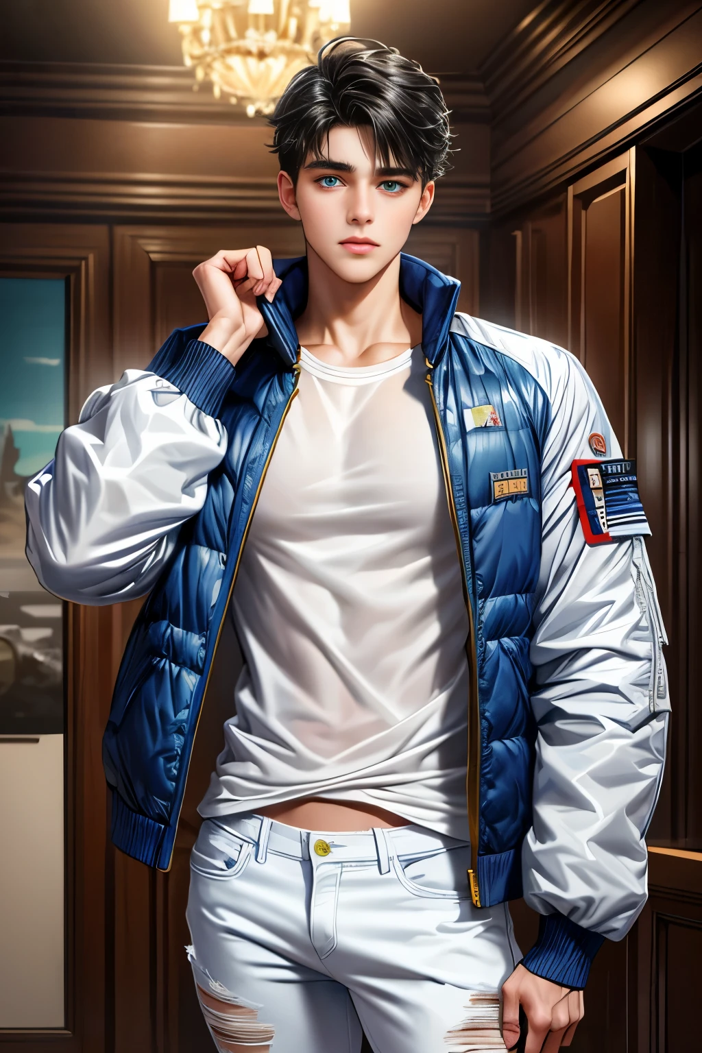 masterpiece, 最high quality, high quality, 1 person, alone, Male focus, Upper Body,Watching the audience, Messy black hair, Adorable big blue eyes, White, Noble, Noble,A sexy, voluminous, and padded green flight jacket、White innerwear、jeans,cute beautiful,Cute, cute, kind, handsome guy