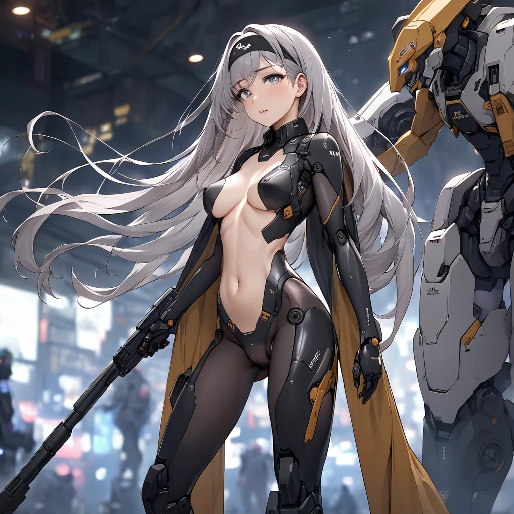 masterpiece, Best Quality, 4K, Mecha, starry null, null, star(null), Cape, Headband, Thin legs, Long Hair, Gray Hair, Cyberpunk, Written boundary depth, Blurred Background, beautiful women in Mecha suit, nsfw