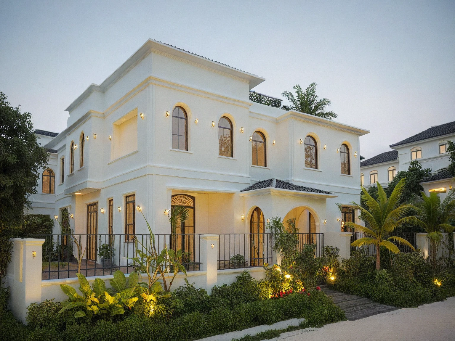 neo classical villa on street, (daylight), tropical tree, vivid colour, streetcapes, white tone, black detail, white wall, large glass door, warm interior lighting, best quality, masterpiece, ultra realistic