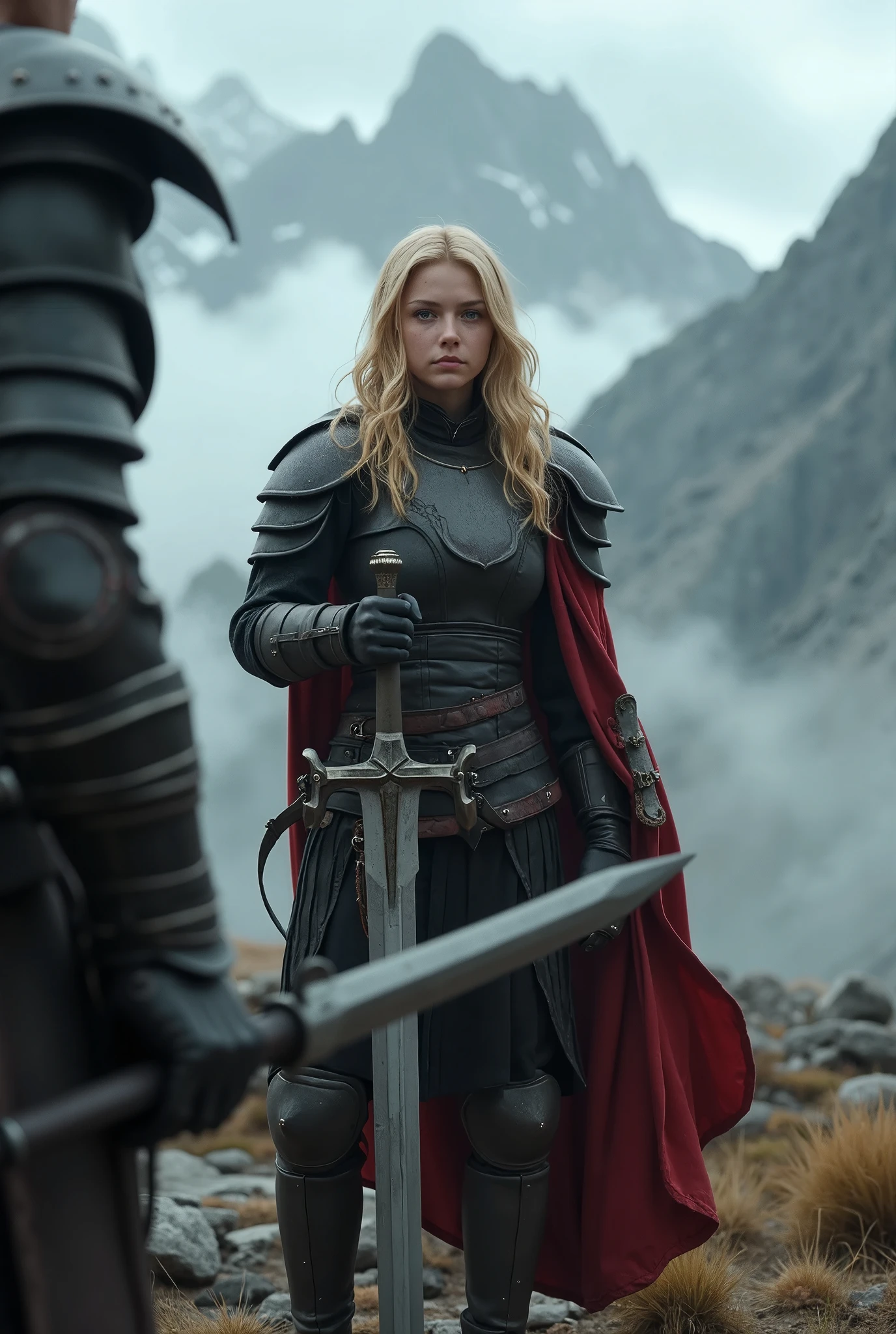 The image portrays a tense standoff scene, viewed from the perspective of the antagonist in the foreground. The focus is on a distant figure, the protagonist, a blonde female warrior, standing in a ready battle stance in a misty, mountainous environment. The protagonist, clad in dark, weathered armor, grips a large sword firmly with both hands, positioned defensively in front of her, prepared for combat. Her gaze is intense, locked on the antagonist with unwavering determination. The background is dominated by towering, jagged mountains shrouded in mist and clouds, creating a sense of isolation and grandeur.

From the antagonist's point of view, the protagonist is partially obscured by the antagonist's own presence, with their silhouette blurred, but the red cloak and heavy, armored arm, gripping a weapon, are visible in the frame. The protagonist’s stance and readiness for battle are evident, while the viewer senses the looming threat posed by the antagonist’s close proximity. The atmosphere is one of impending confrontation, with the high-altitude, isolated location adding to the epic tension. The cloudy sky and muted lighting further heighten the sense of conflict as both characters appear poised for a decisive clash.