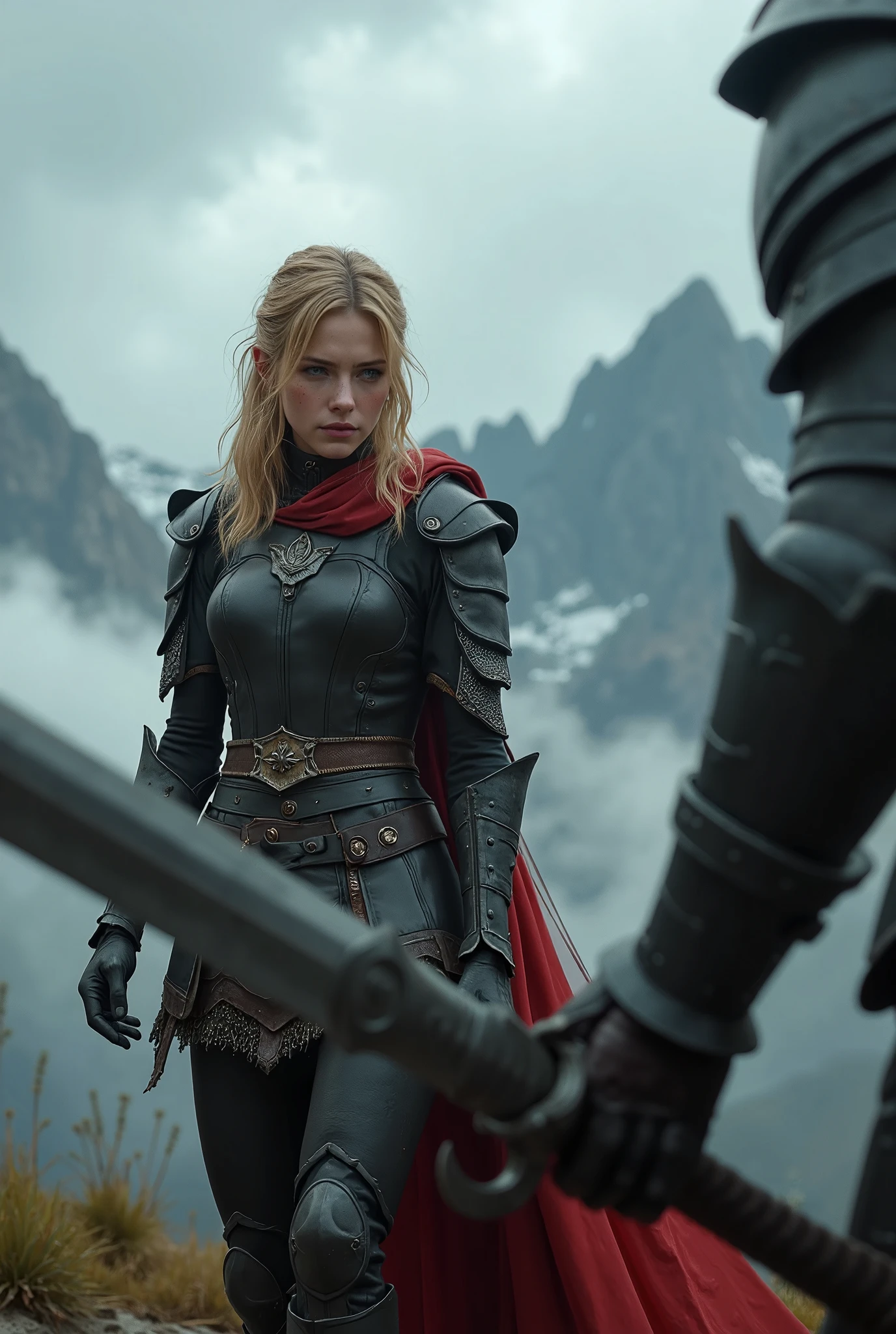 The image portrays a tense standoff scene, viewed from the perspective of the antagonist in the foreground. The focus is on a distant figure, the protagonist, a blonde female warrior, standing in a ready battle stance in a misty, mountainous environment. The protagonist, clad in dark, weathered armor, grips a large sword firmly with both hands, positioned defensively in front of her, prepared for combat. Her gaze is intense, locked on the antagonist with unwavering determination. The background is dominated by towering, jagged mountains shrouded in mist and clouds, creating a sense of isolation and grandeur.
From the antagonist's point of view, the protagonist is partially obscured by the antagonist's own presence, with their silhouette blurred, but the red cloak and heavy, armored arm, gripping a weapon, are visible in the frame. The protagonist’s stance and readiness for battle are evident, while the viewer senses the looming threat posed by the antagonist’s close proximity. The atmosphere is one of impending confrontation, with the high-altitude, isolated location adding to the epic tension. The cloudy sky and muted lighting further heighten the sense of conflict as both characters appear poised for a decisive clash.